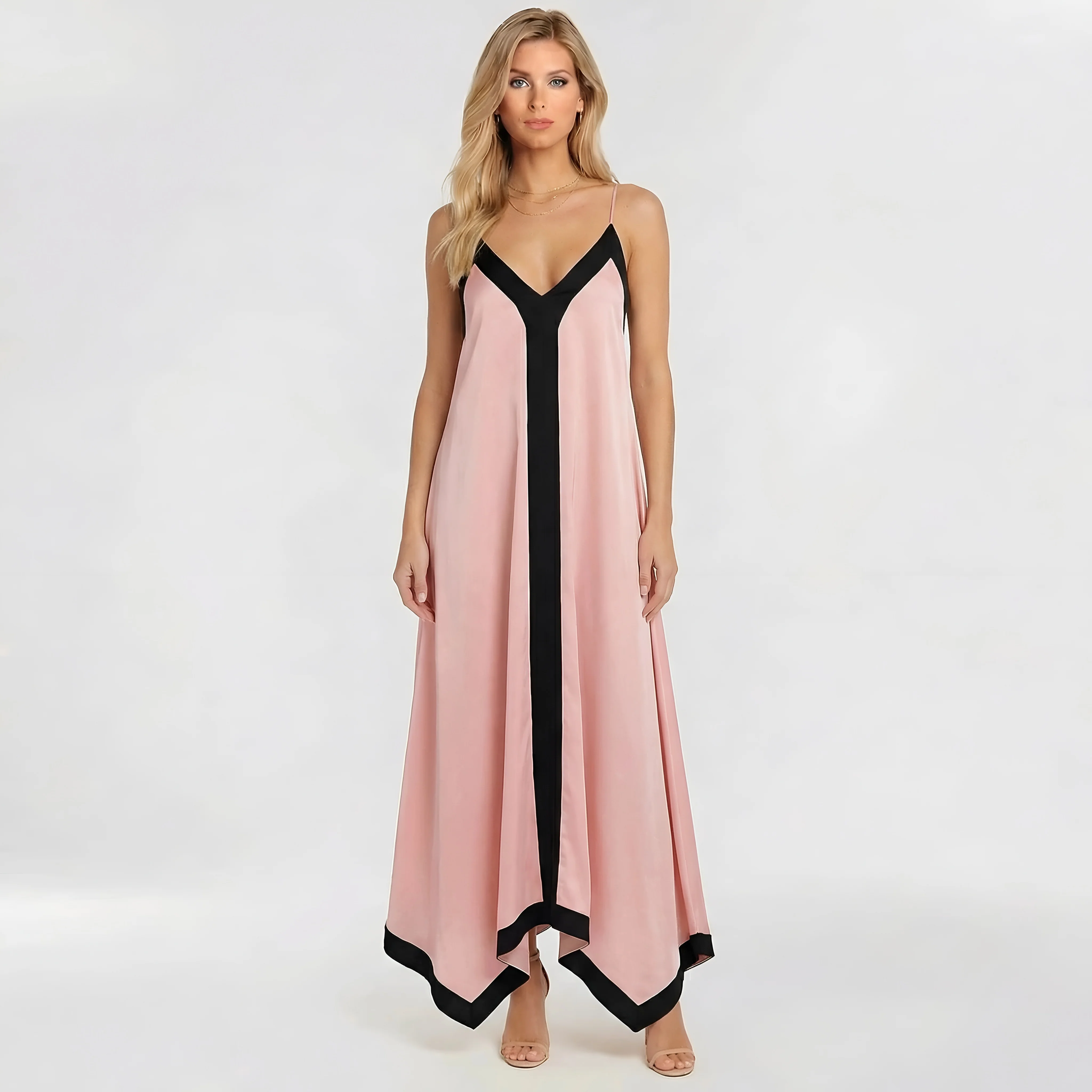 Abito lungo donna elegante con spalline sottili vestito maxi da sera con scollo V