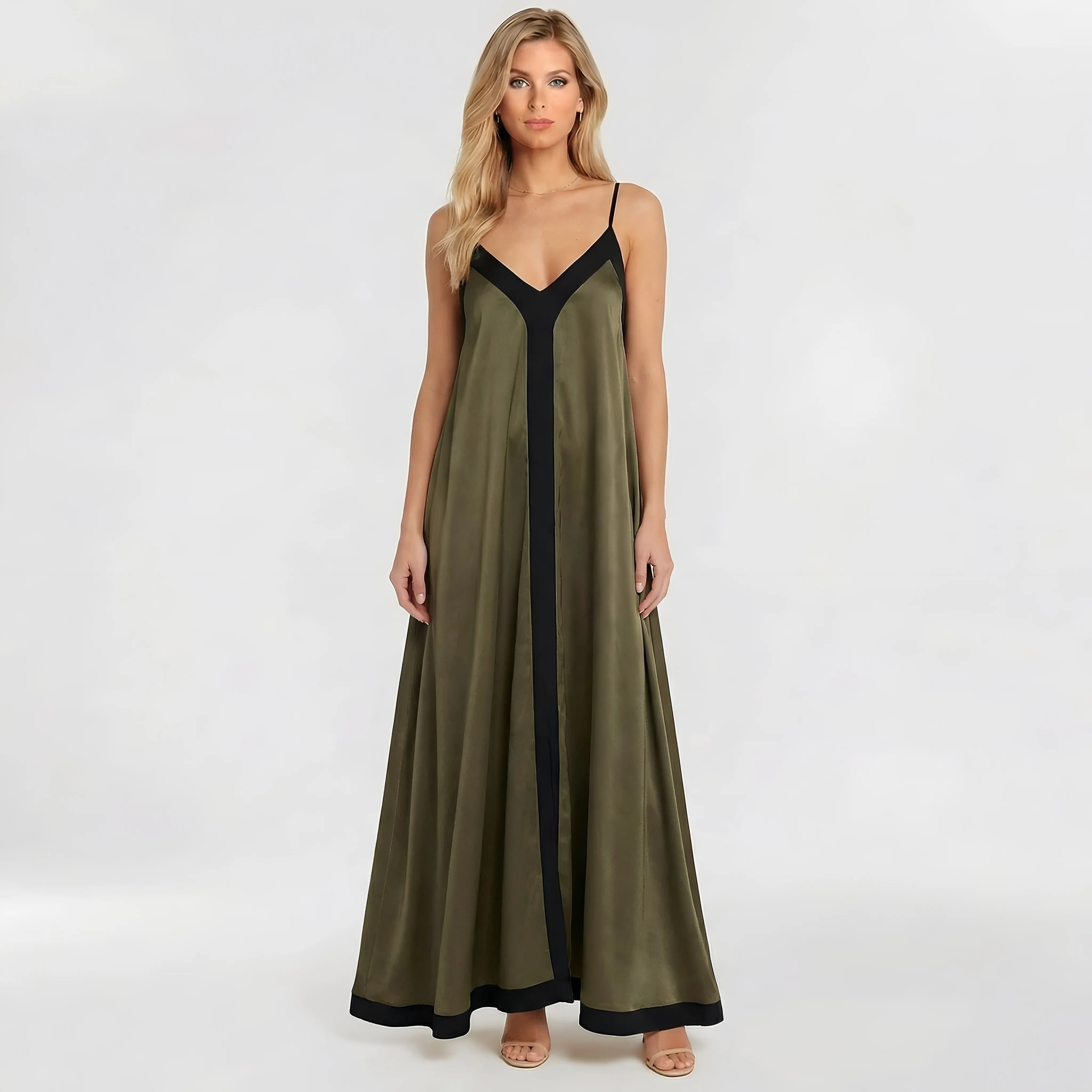 Abito lungo donna elegante con spalline sottili vestito maxi da sera con scollo V - Image 4