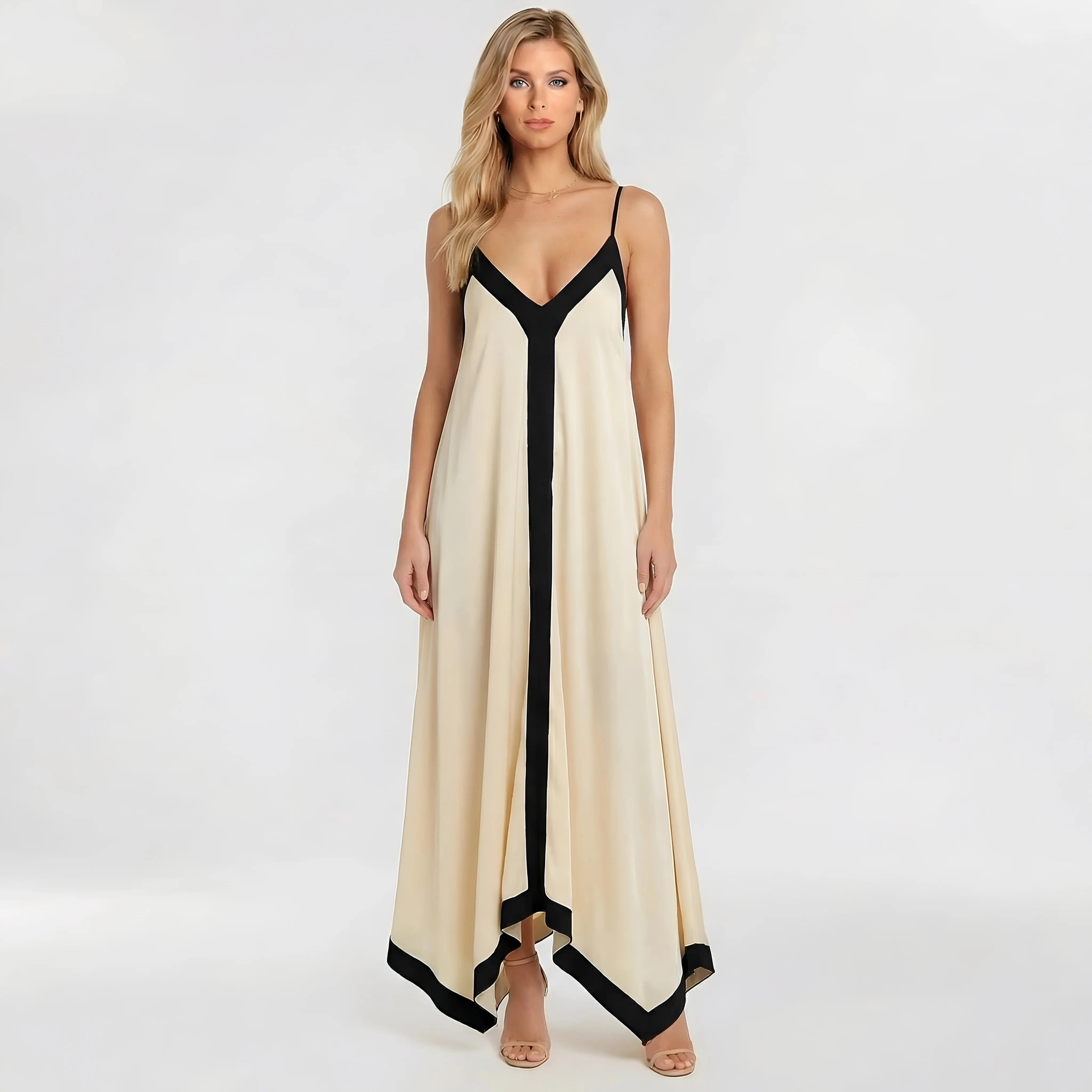 Abito lungo donna elegante con spalline sottili vestito maxi da sera con scollo V - Image 5