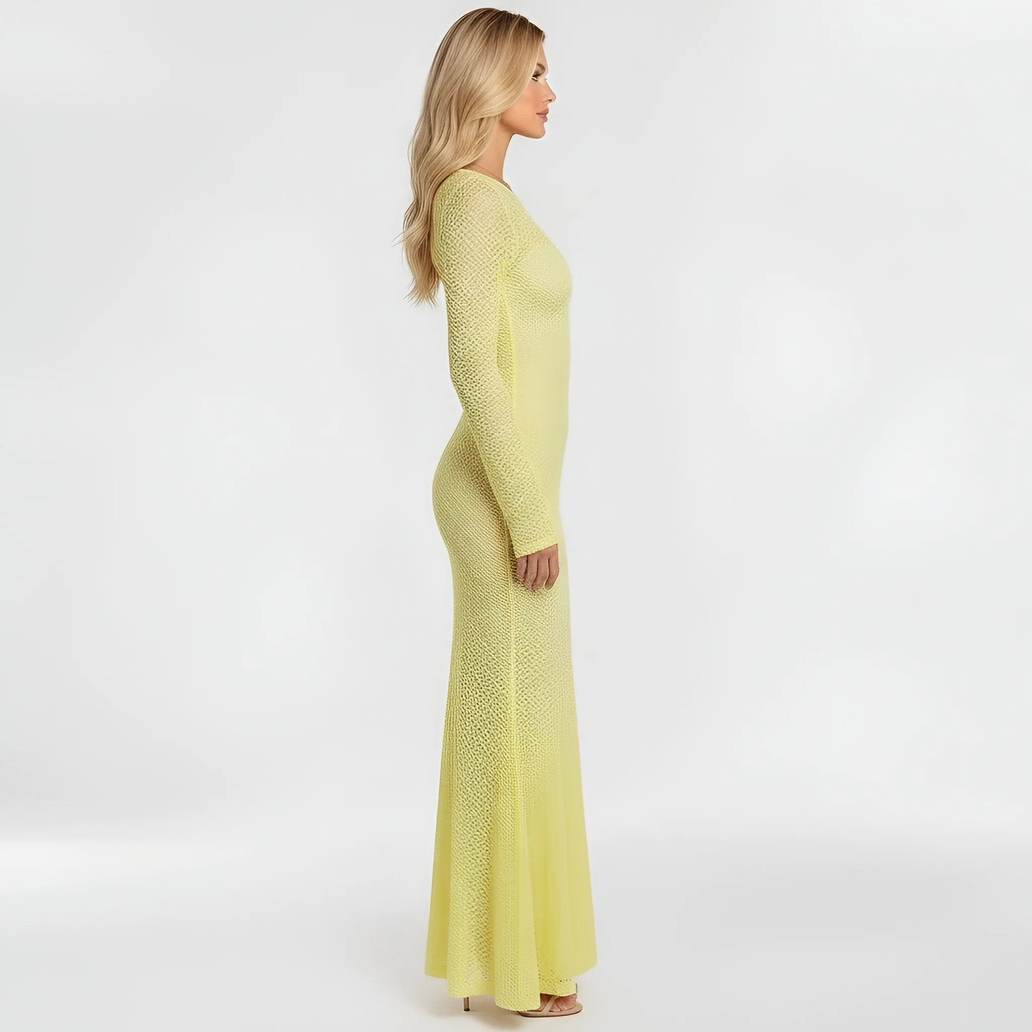 Abito lungo donna in pizzo con maniche lunghe vestito elegante aderente da sera - Image 2
