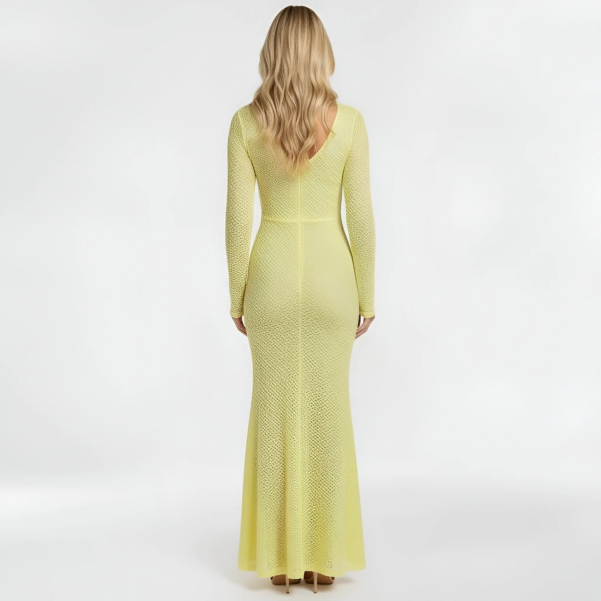 Abito lungo donna in pizzo con maniche lunghe vestito elegante aderente da sera - Image 3