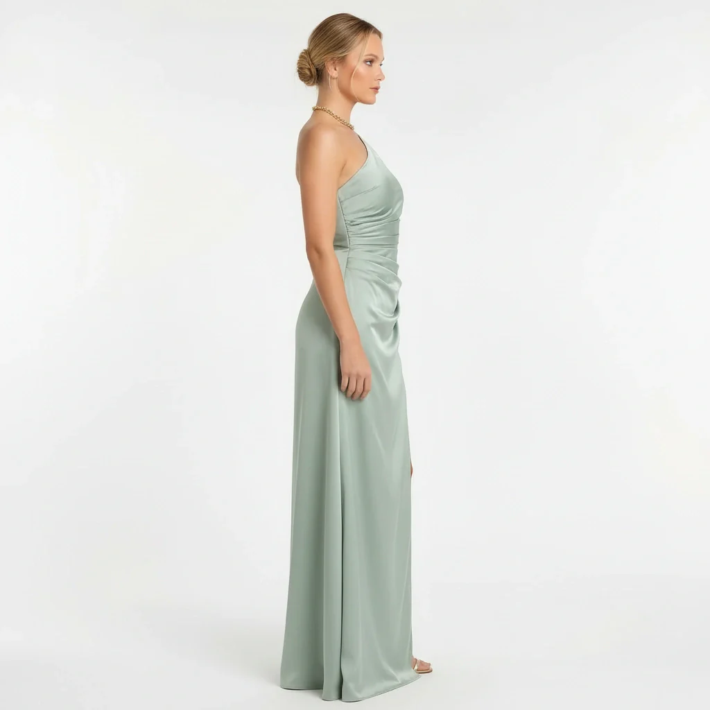 Abito lungo elegante monospalla donna con spacco alto vestito da sera aderente - Image 2