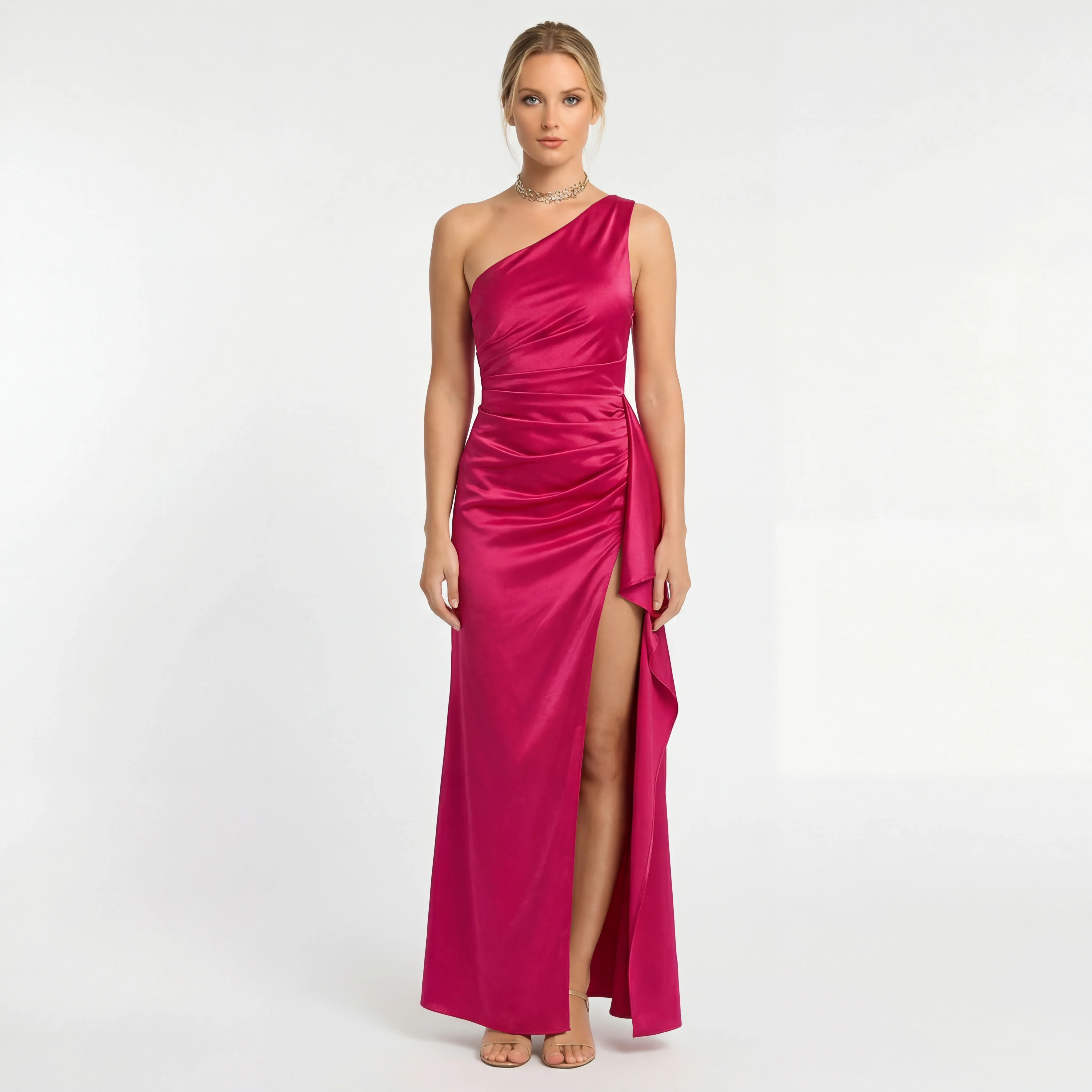 Abito lungo elegante monospalla donna con spacco alto vestito da sera aderente - Image 4