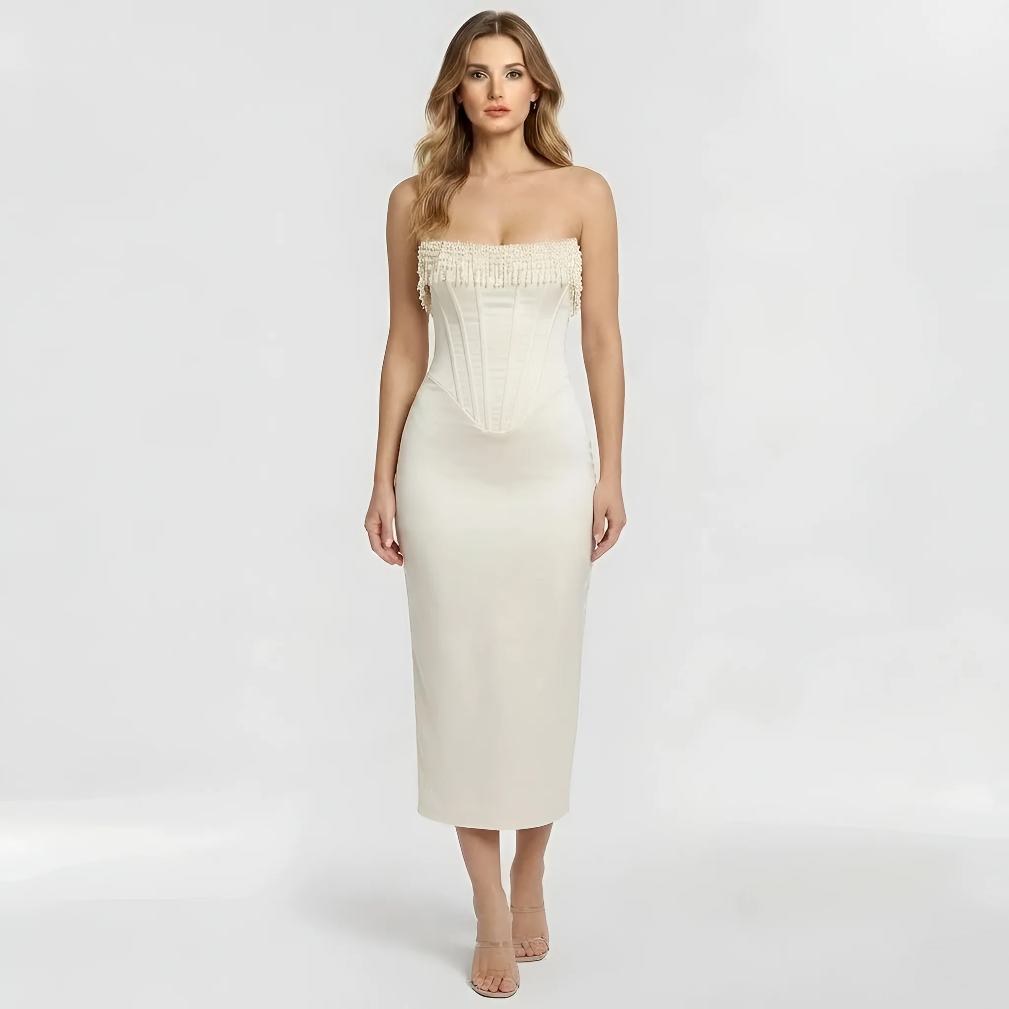 Abito midi donna a corsetto aderente senza spalline vestito elegante da sera