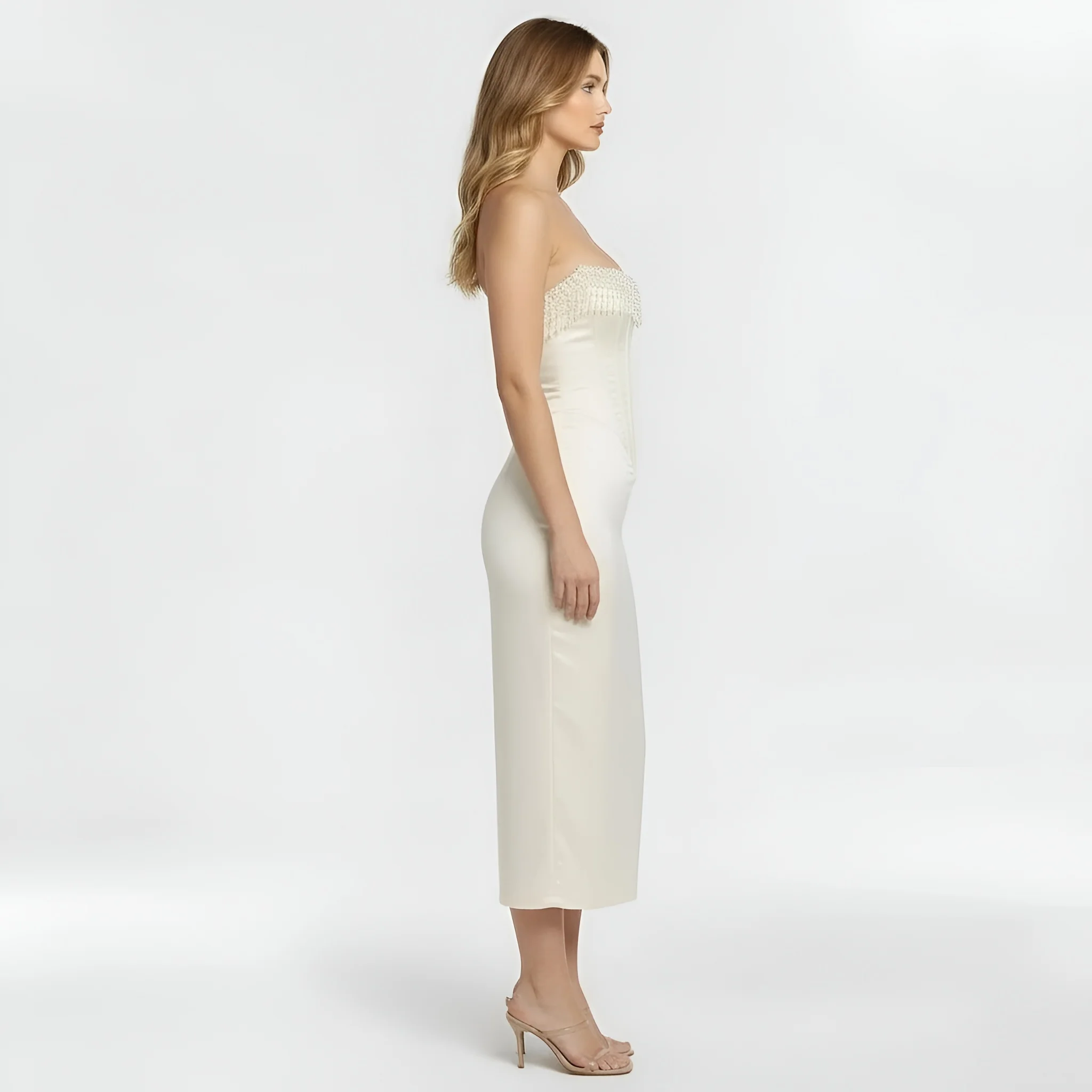 Abito midi donna a corsetto aderente senza spalline vestito elegante da sera - Image 2