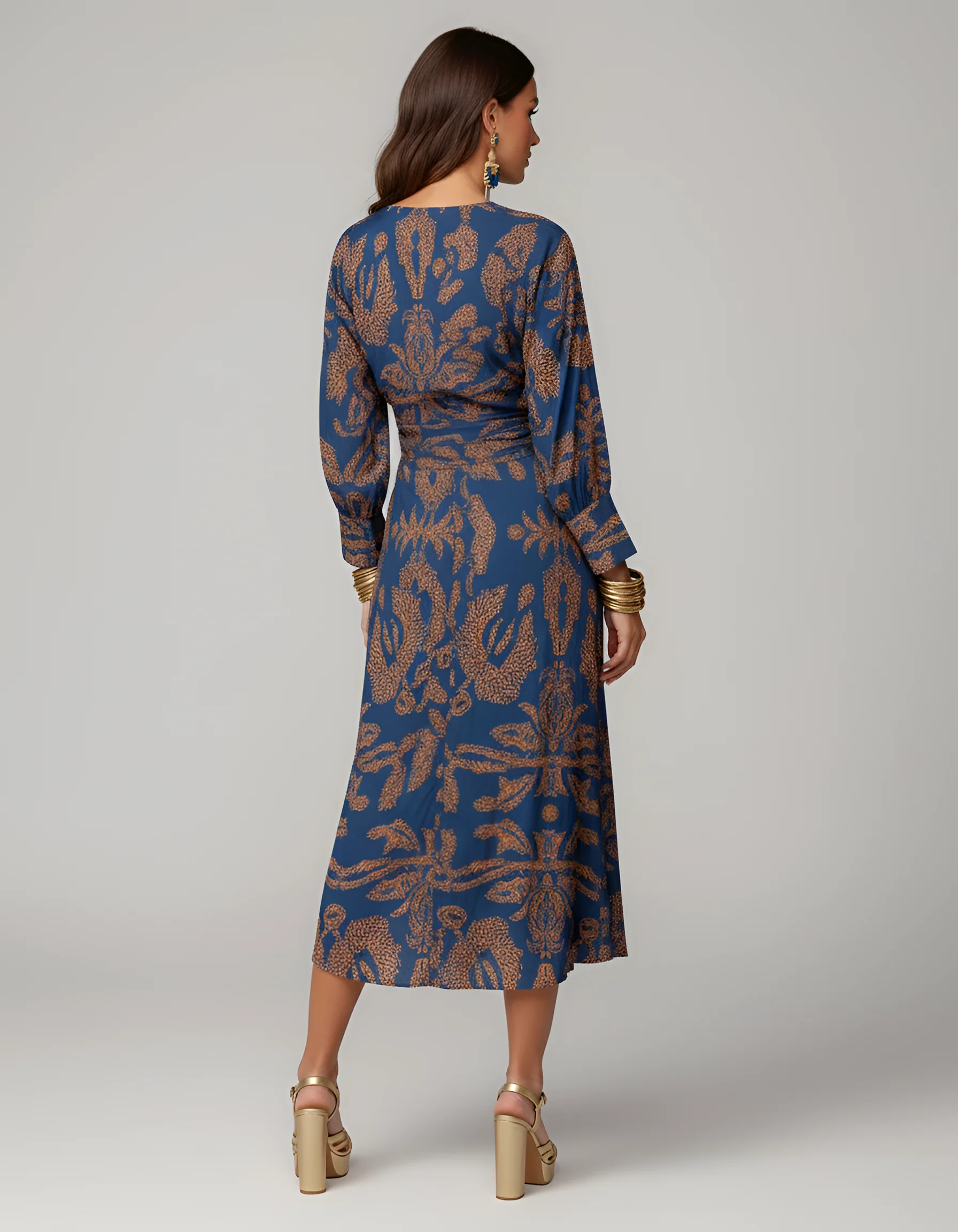 Abito midi donna con scollo a V, maniche lunghe e nodo frontale - Image 3