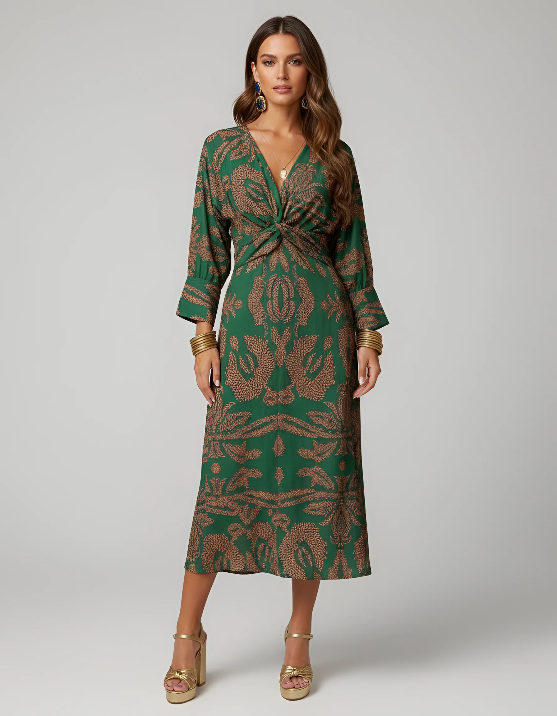 Abito midi donna con scollo a V, maniche lunghe e nodo frontale - Image 4