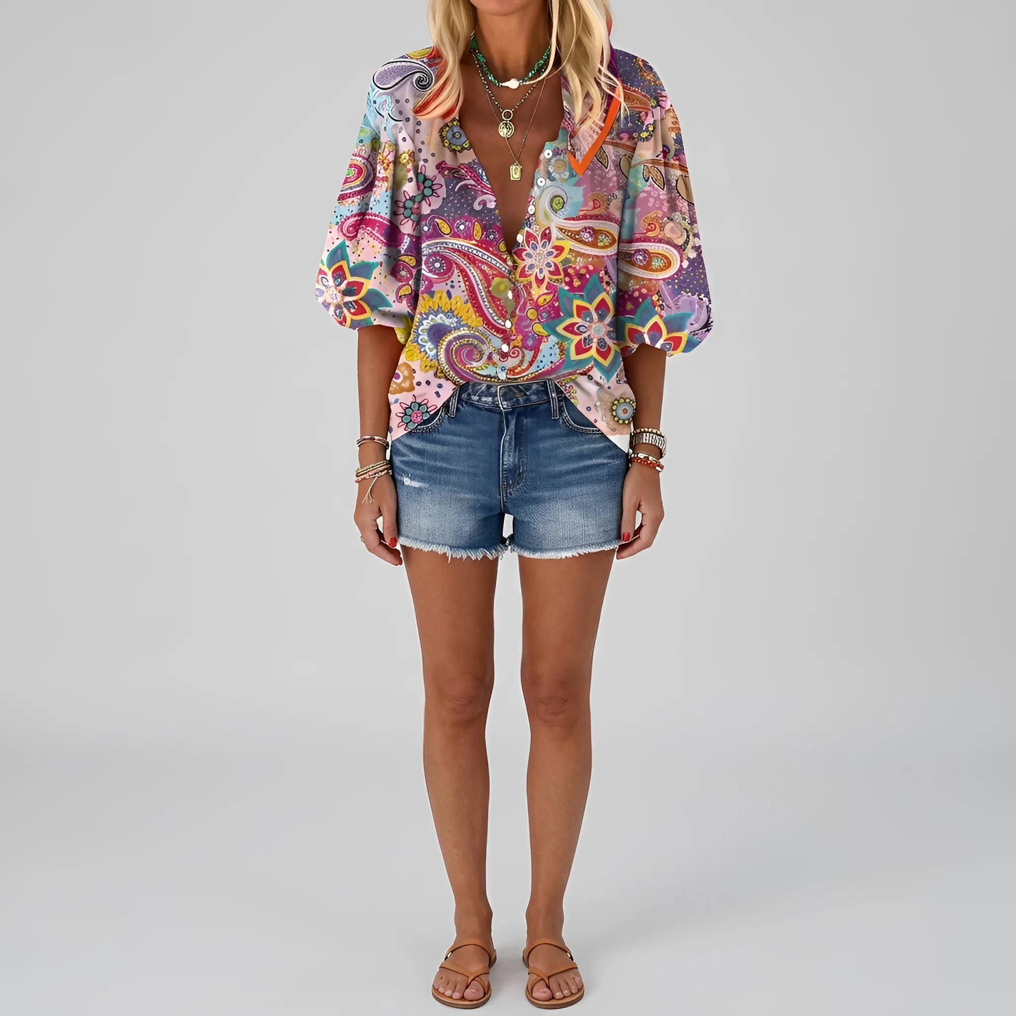 Blusa donna floreale con bottoni manica lunga camicia casual elegante da giorno - Image 4