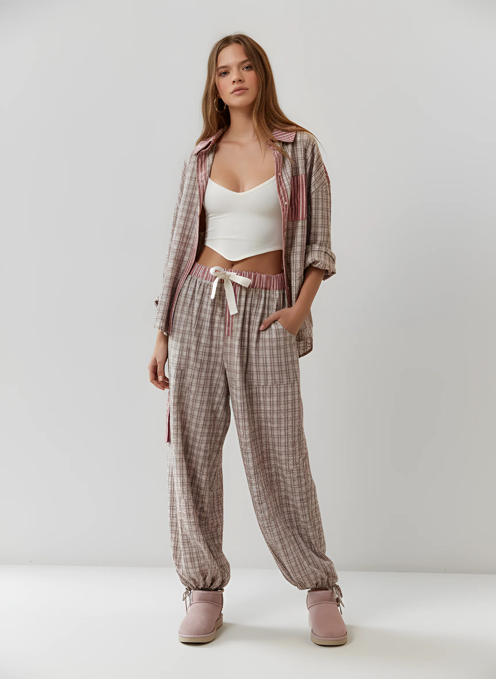 Camicia donna oversize in cotone a righe con inserti a quadri e tasca frontale - Image 4