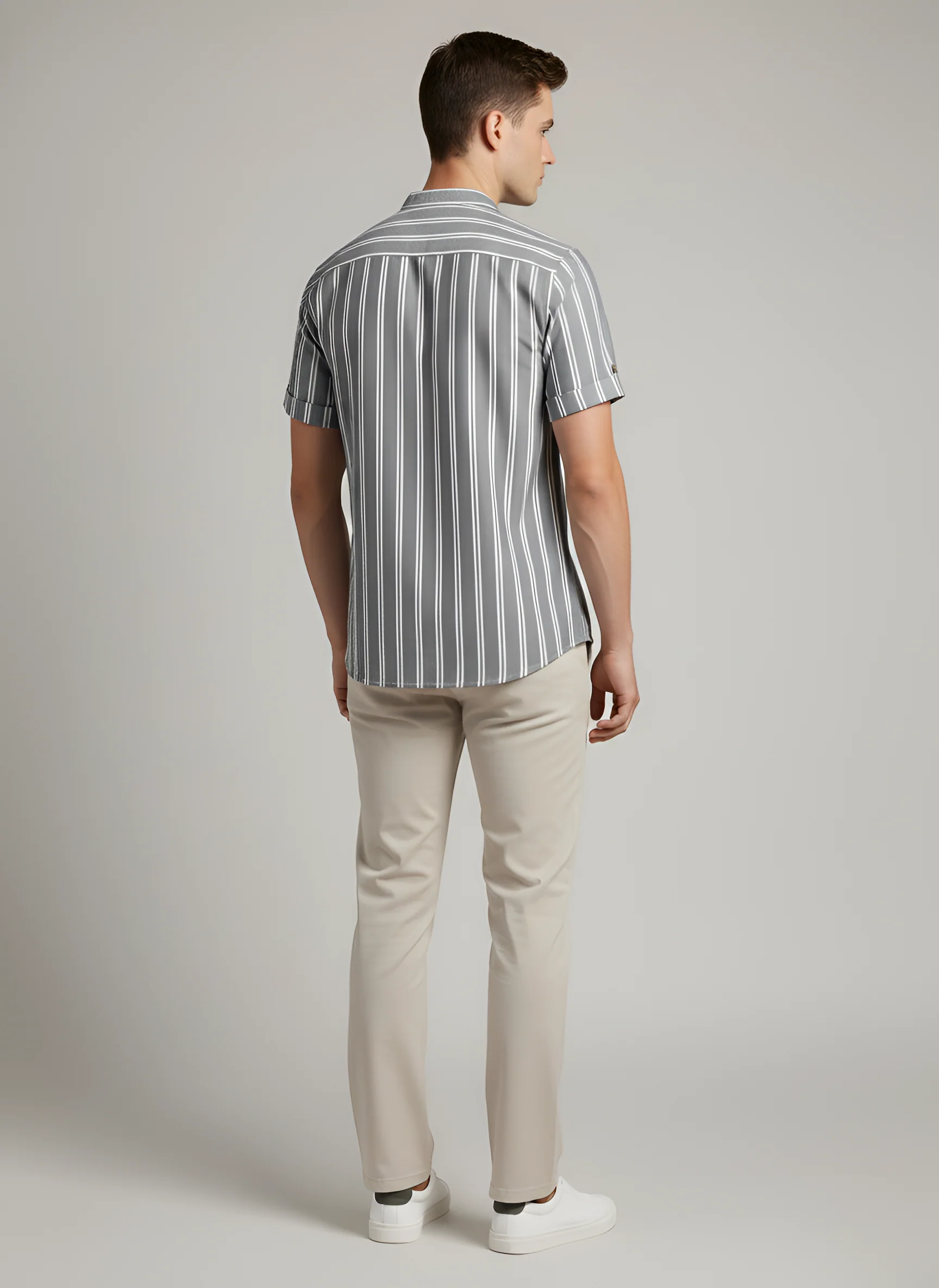 Camicia Uomo a Righe Manica Corta con Collo Coreano in Cotone - Image 3