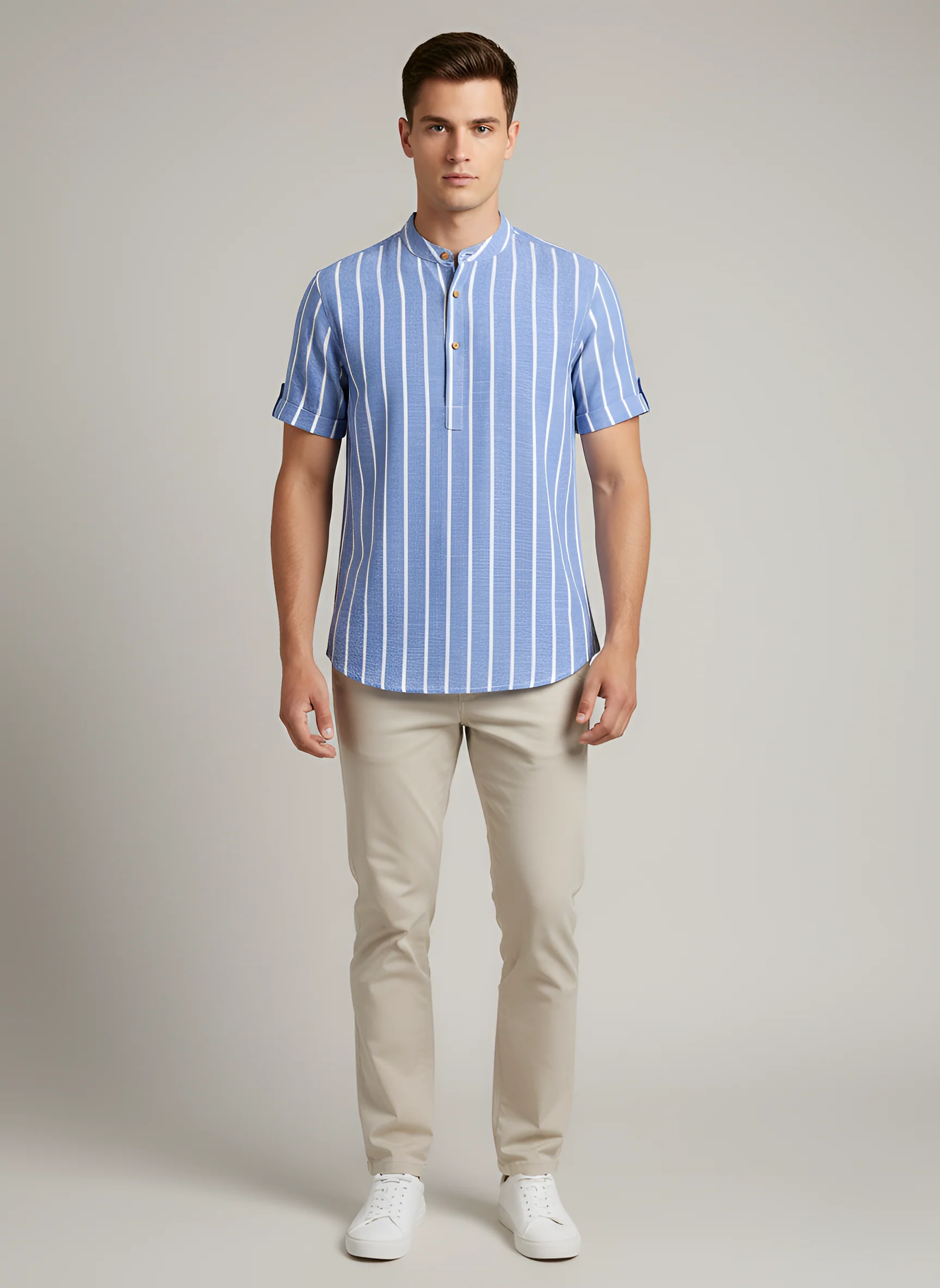 Camicia Uomo a Righe Manica Corta con Collo Coreano in Cotone - Image 4