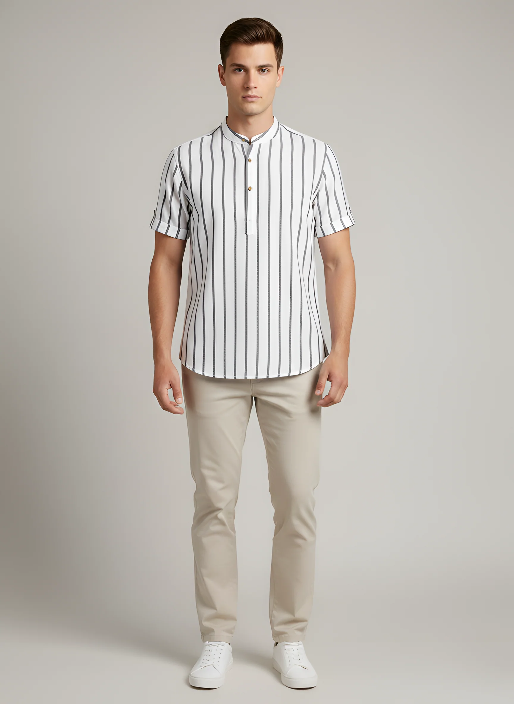 Camicia Uomo a Righe Manica Corta con Collo Coreano in Cotone - Image 5