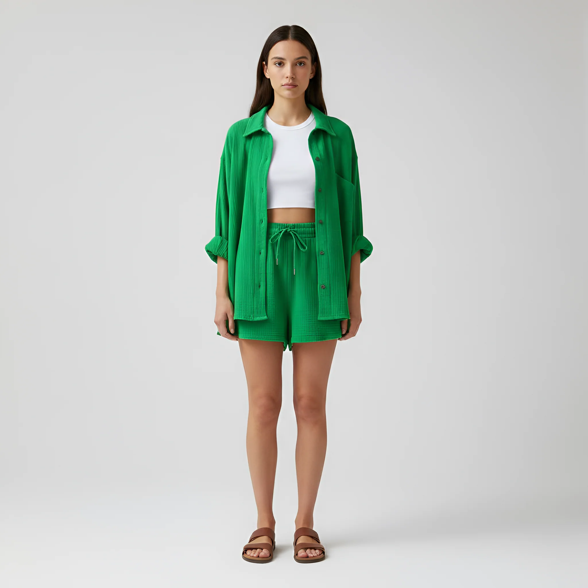 Completo donna camicia e shorts in cotone leggero con vita elasticizzata - Image 10