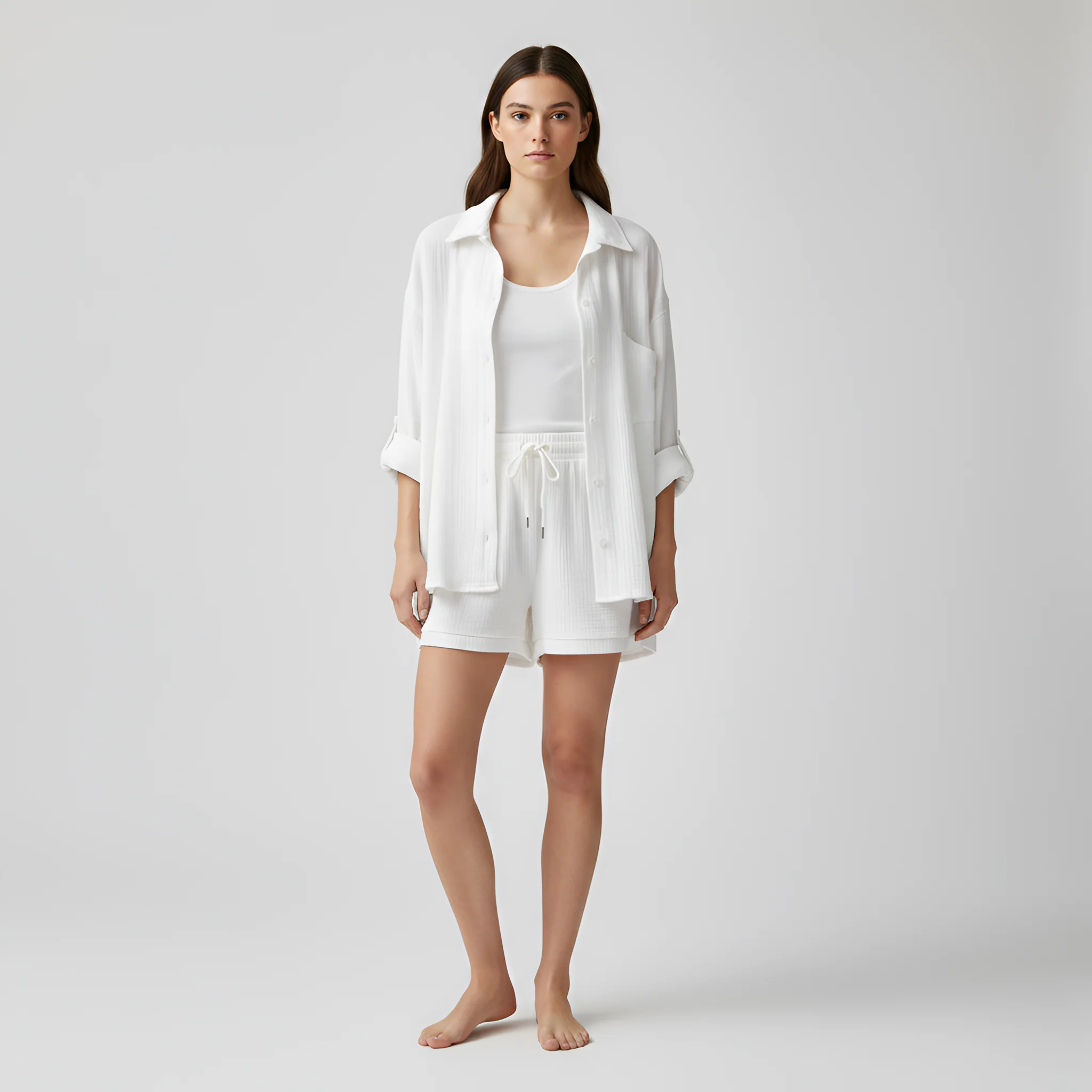 Completo donna camicia e shorts in cotone leggero con vita elasticizzata - Image 11