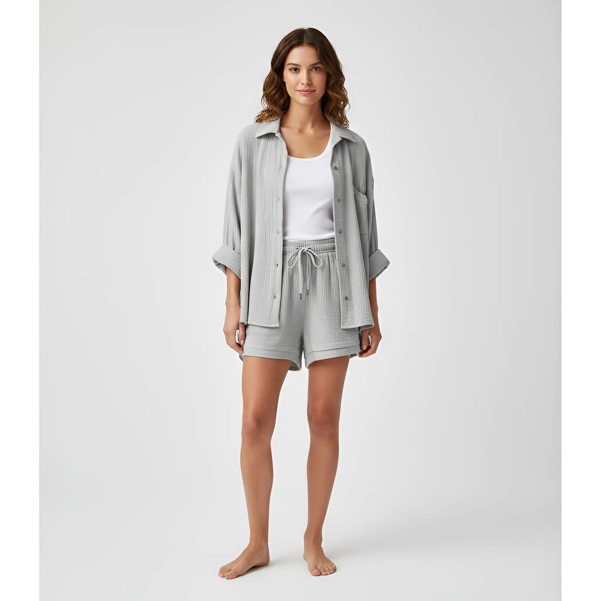 Completo donna camicia e shorts in cotone leggero con vita elasticizzata - Image 12