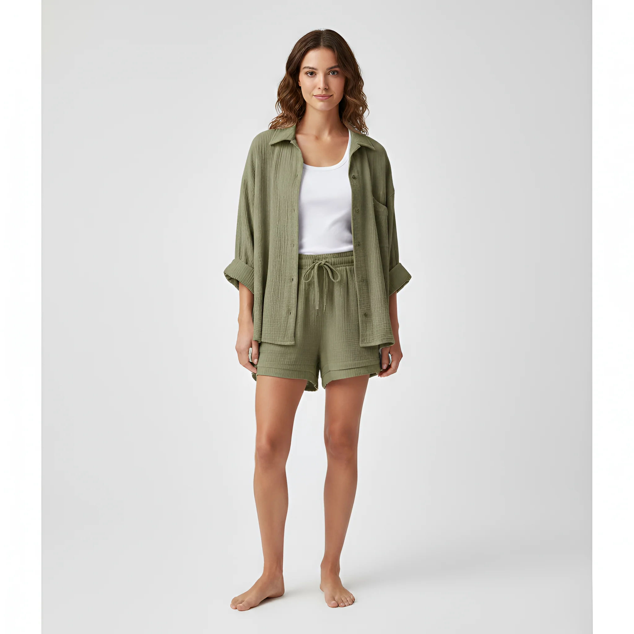 Completo donna camicia e shorts in cotone leggero con vita elasticizzata - Image 13
