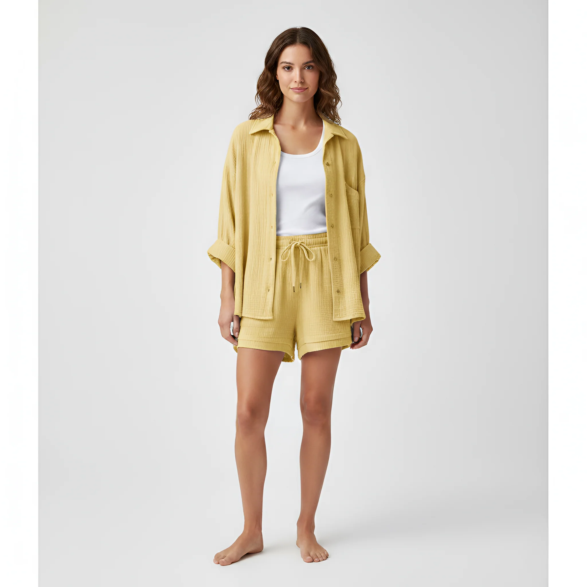 Completo donna camicia e shorts in cotone leggero con vita elasticizzata - Image 14