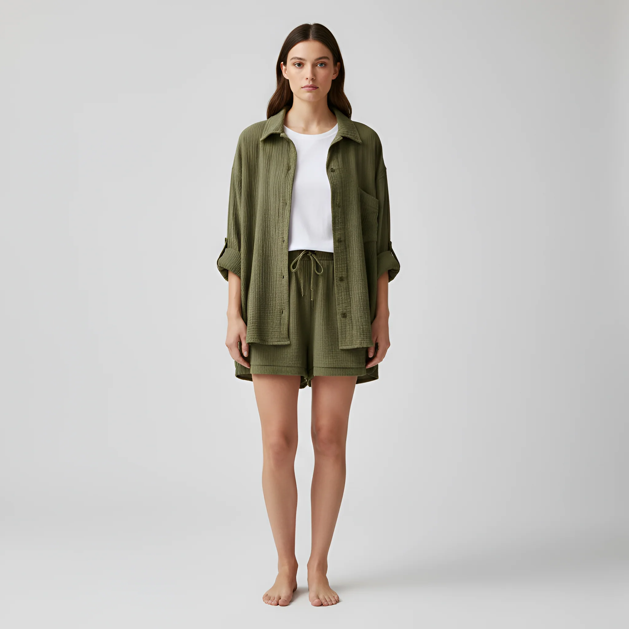 Completo donna camicia e shorts in cotone leggero con vita elasticizzata - Image 16
