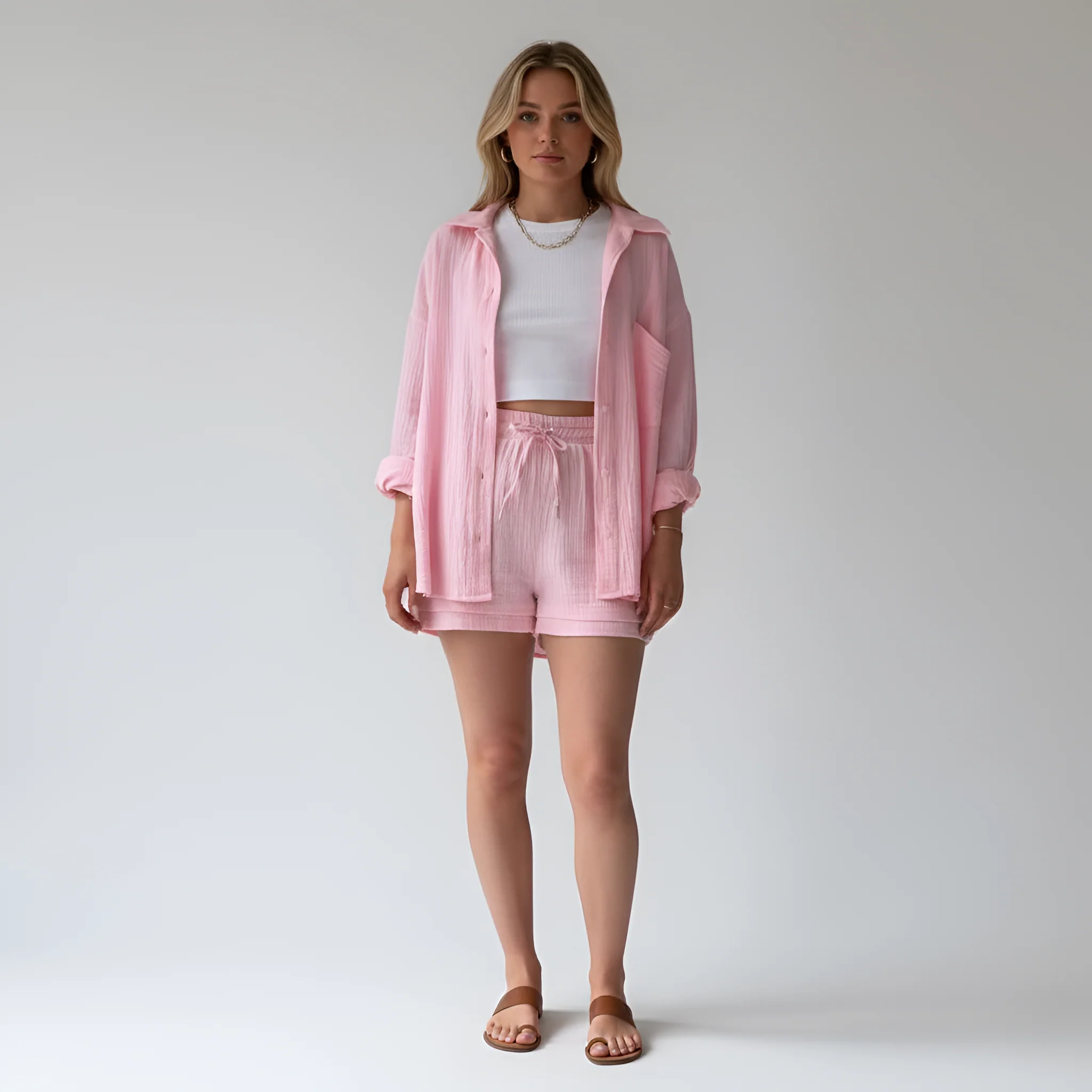 Completo donna camicia e shorts in cotone leggero con vita elasticizzata - Image 4