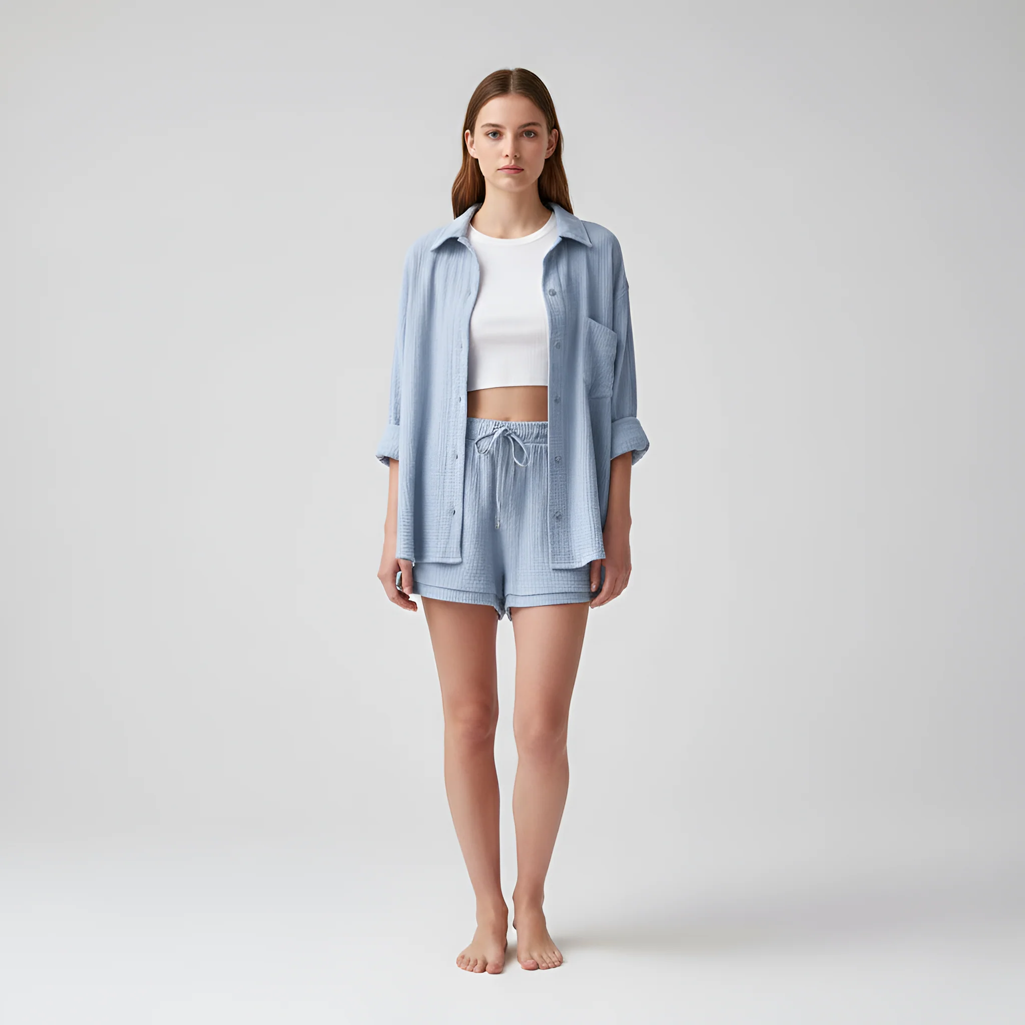 Completo donna camicia e shorts in cotone leggero con vita elasticizzata - Image 5