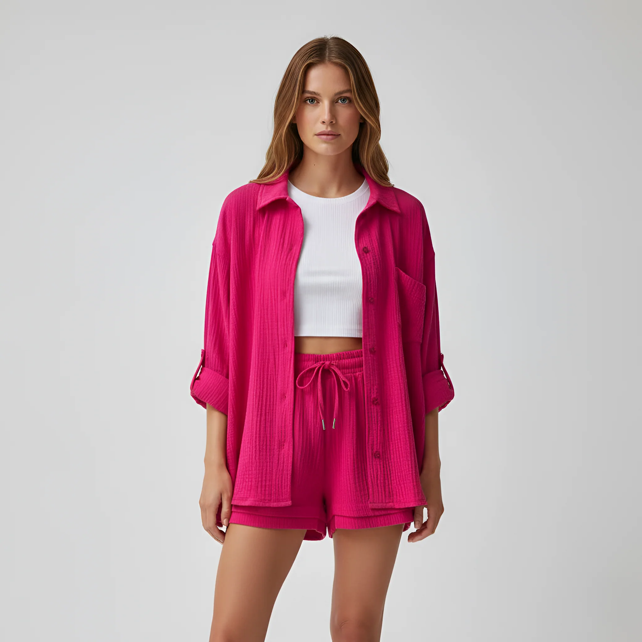 Completo donna camicia e shorts in cotone leggero con vita elasticizzata - Image 7