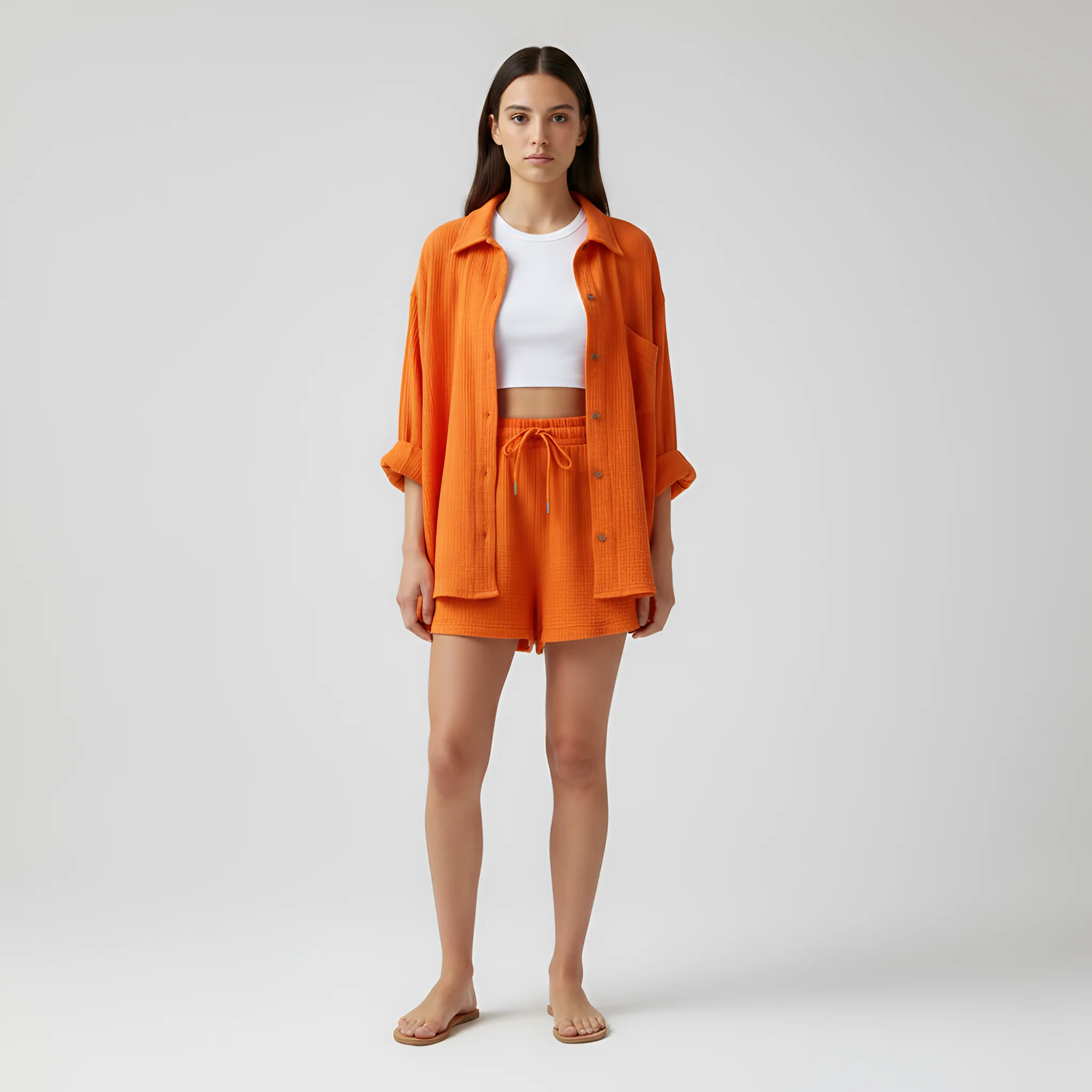 Completo donna camicia e shorts in cotone leggero con vita elasticizzata - Image 8