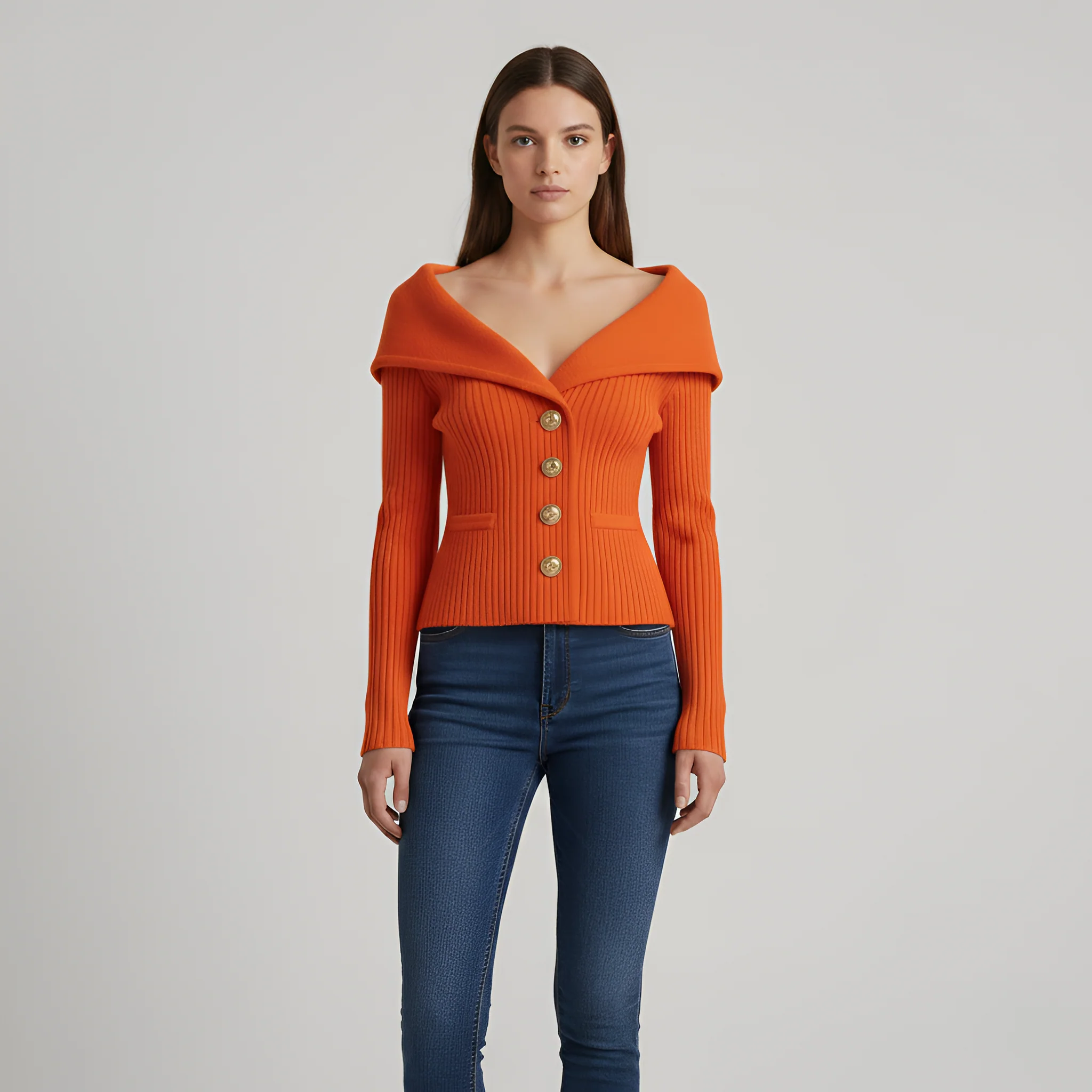 Giacca cardigan donna a coste con bottoni scollo a V fit aderente - Image 10