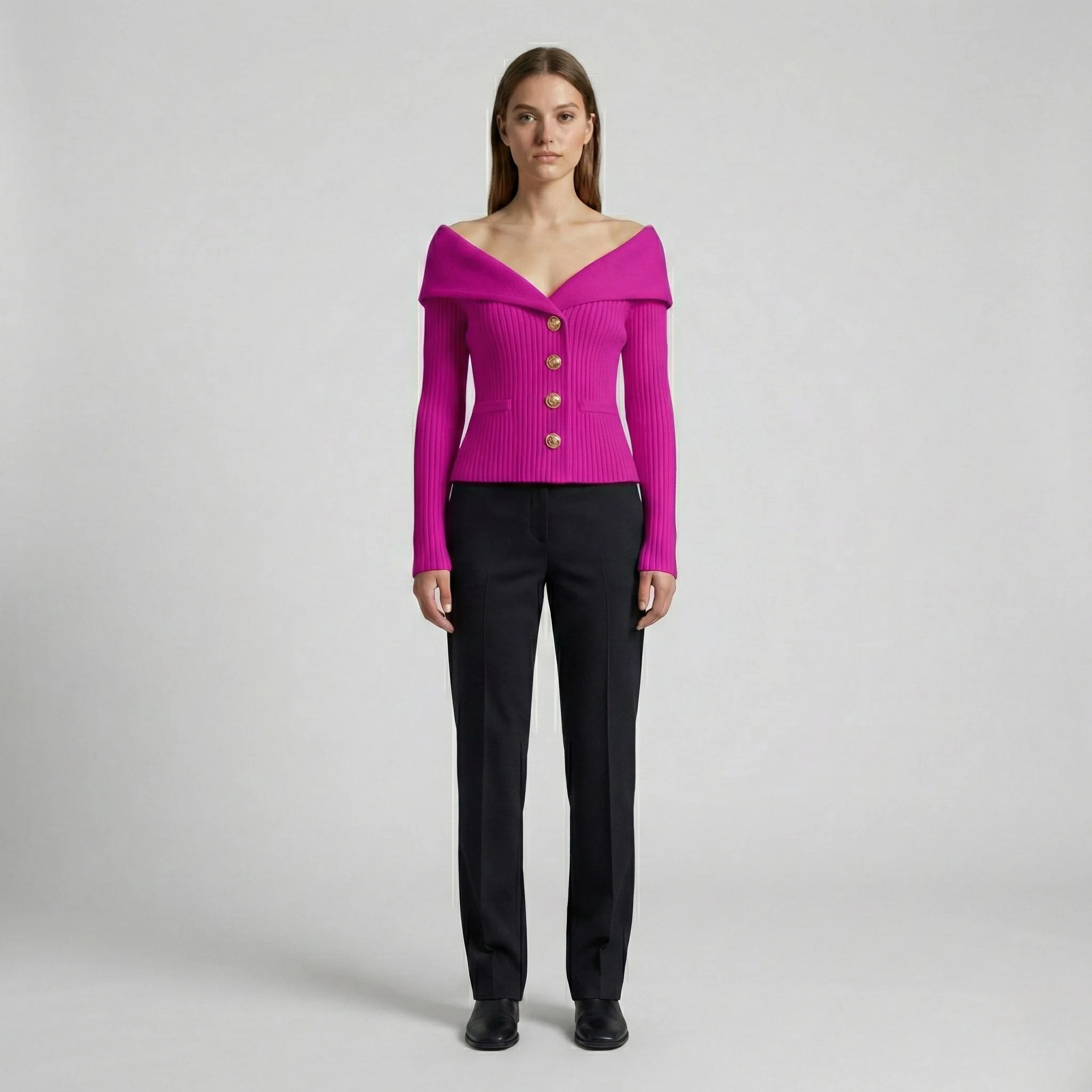 Giacca cardigan donna a coste con bottoni scollo a V fit aderente - Image 12