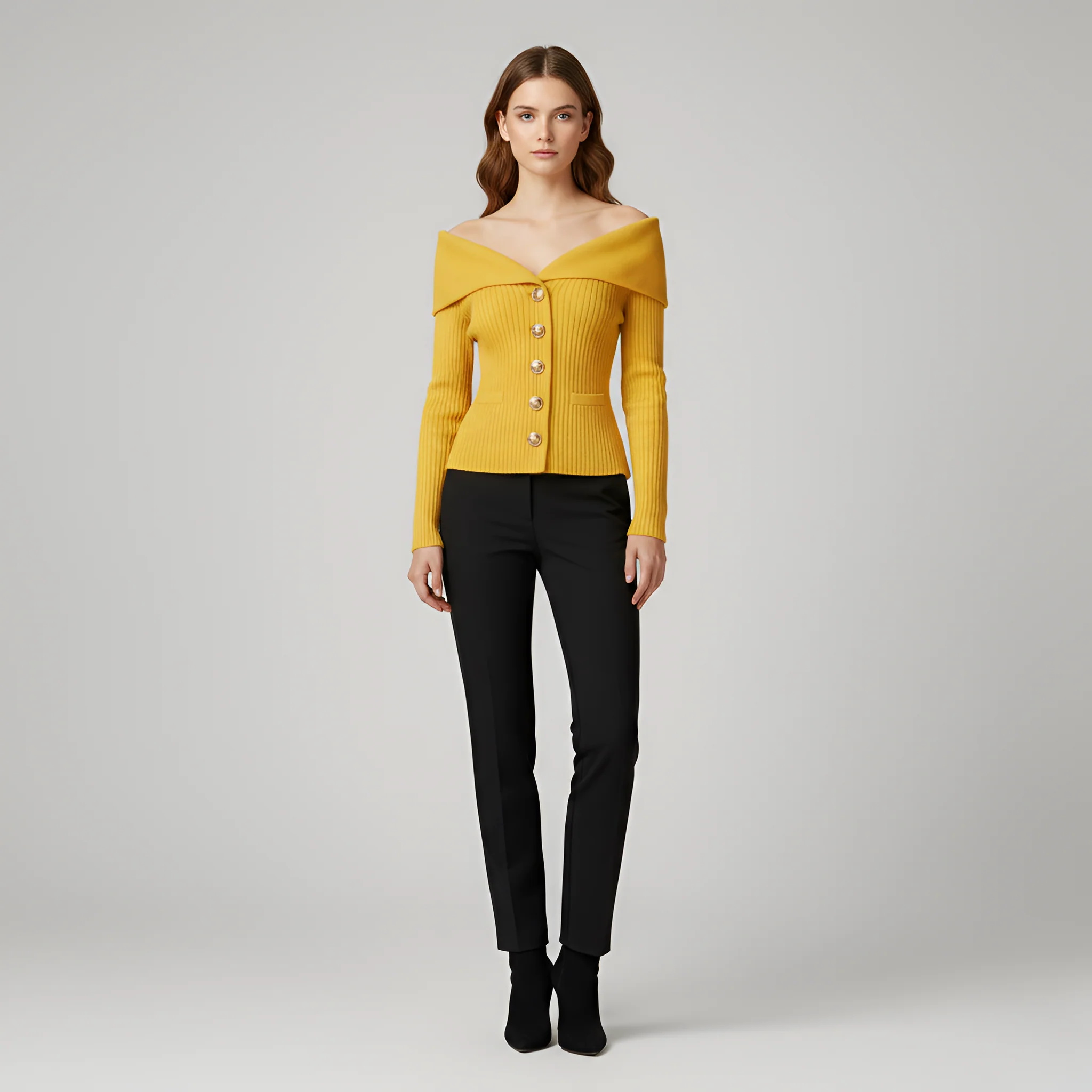 Giacca cardigan donna a coste con bottoni scollo a V fit aderente - Image 3