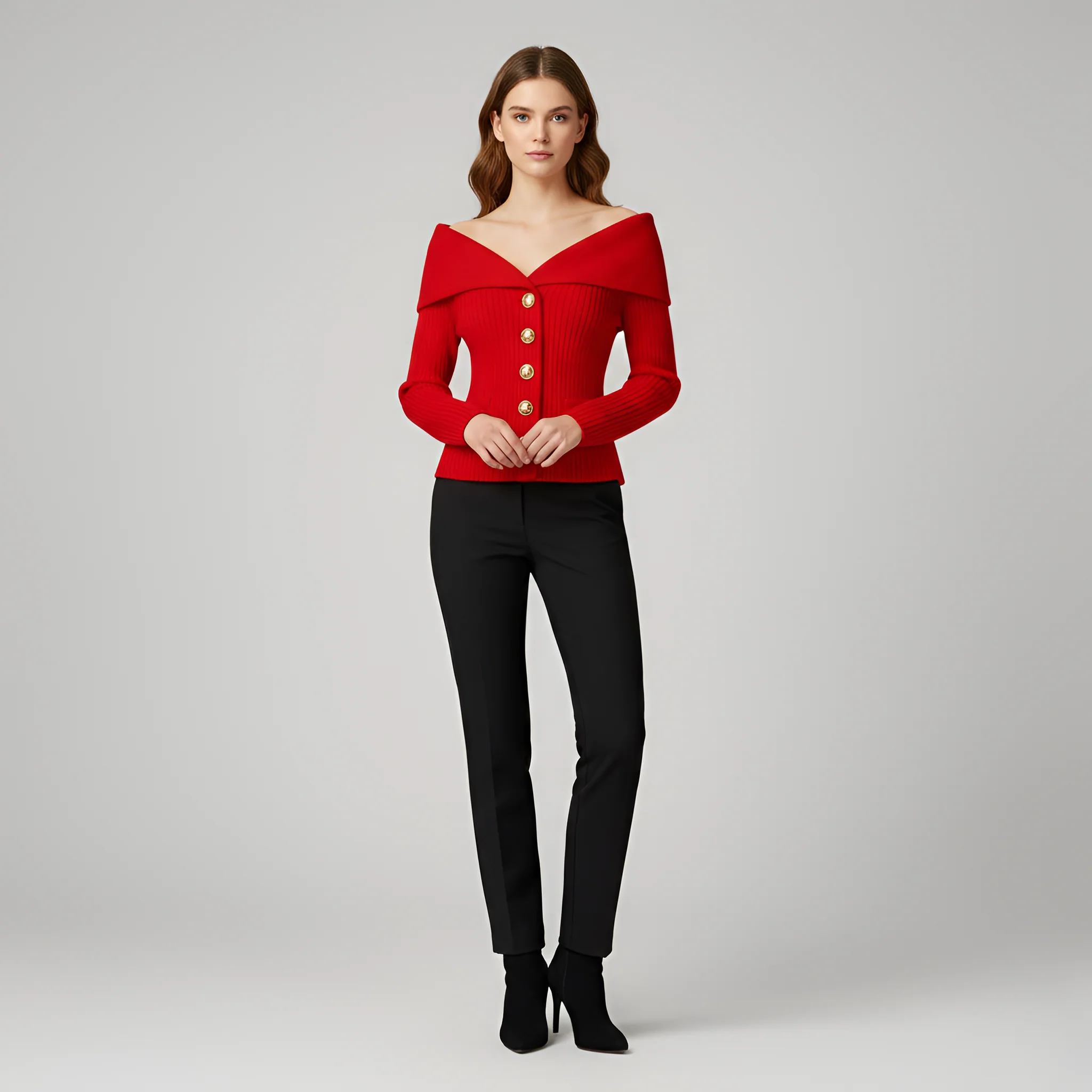 Giacca cardigan donna a coste con bottoni scollo a V fit aderente - Image 4