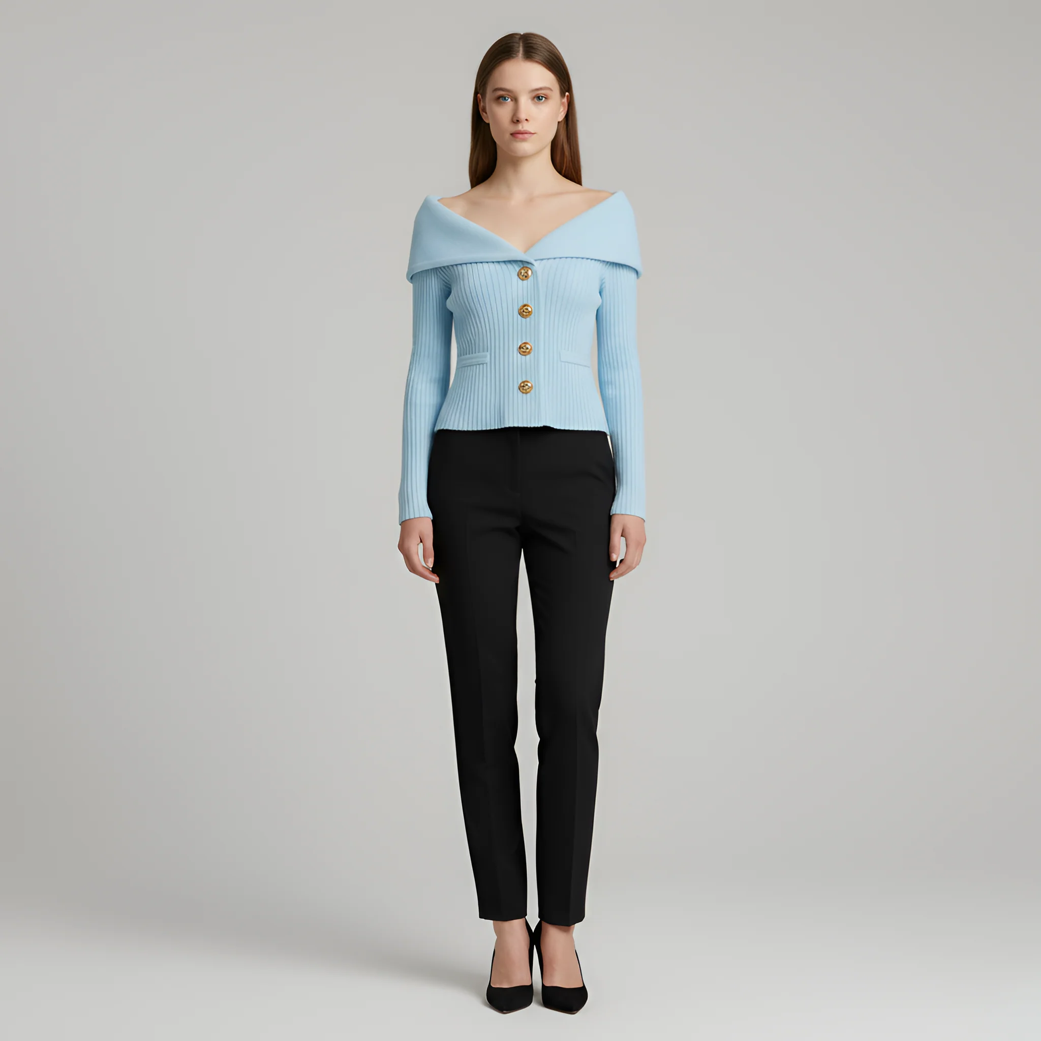 Giacca cardigan donna a coste con bottoni scollo a V fit aderente - Image 7