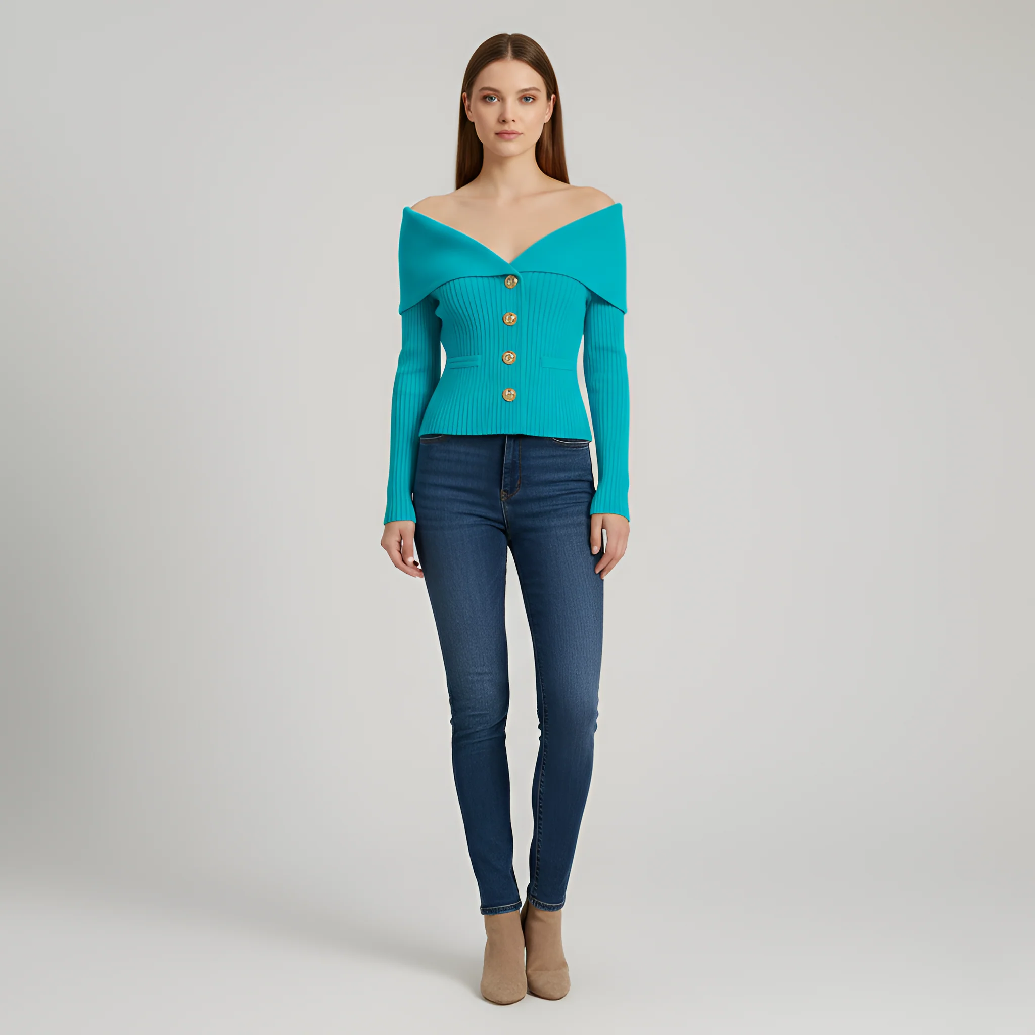 Giacca cardigan donna a coste con bottoni scollo a V fit aderente - Image 8