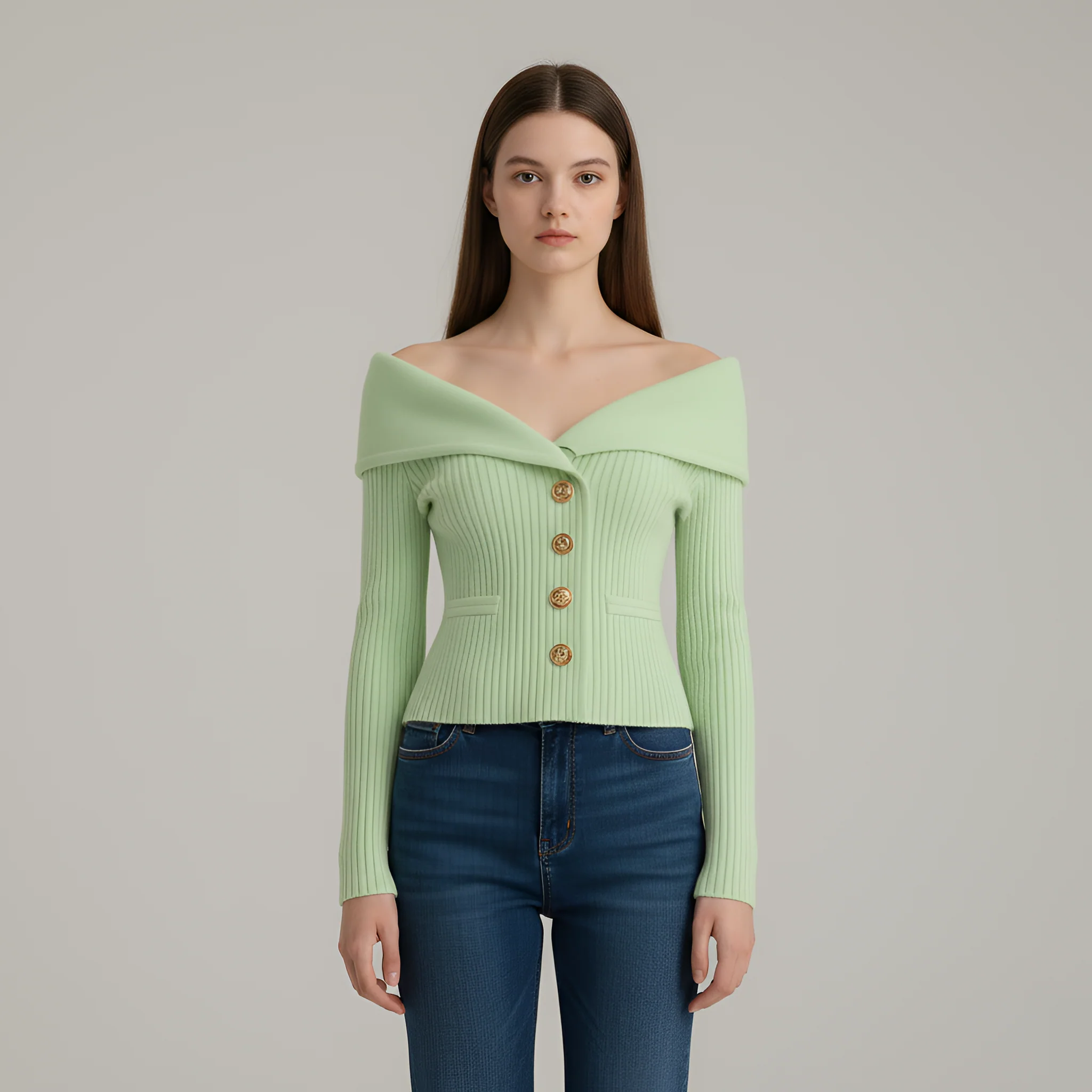 Giacca cardigan donna a coste con bottoni scollo a V fit aderente - Image 9