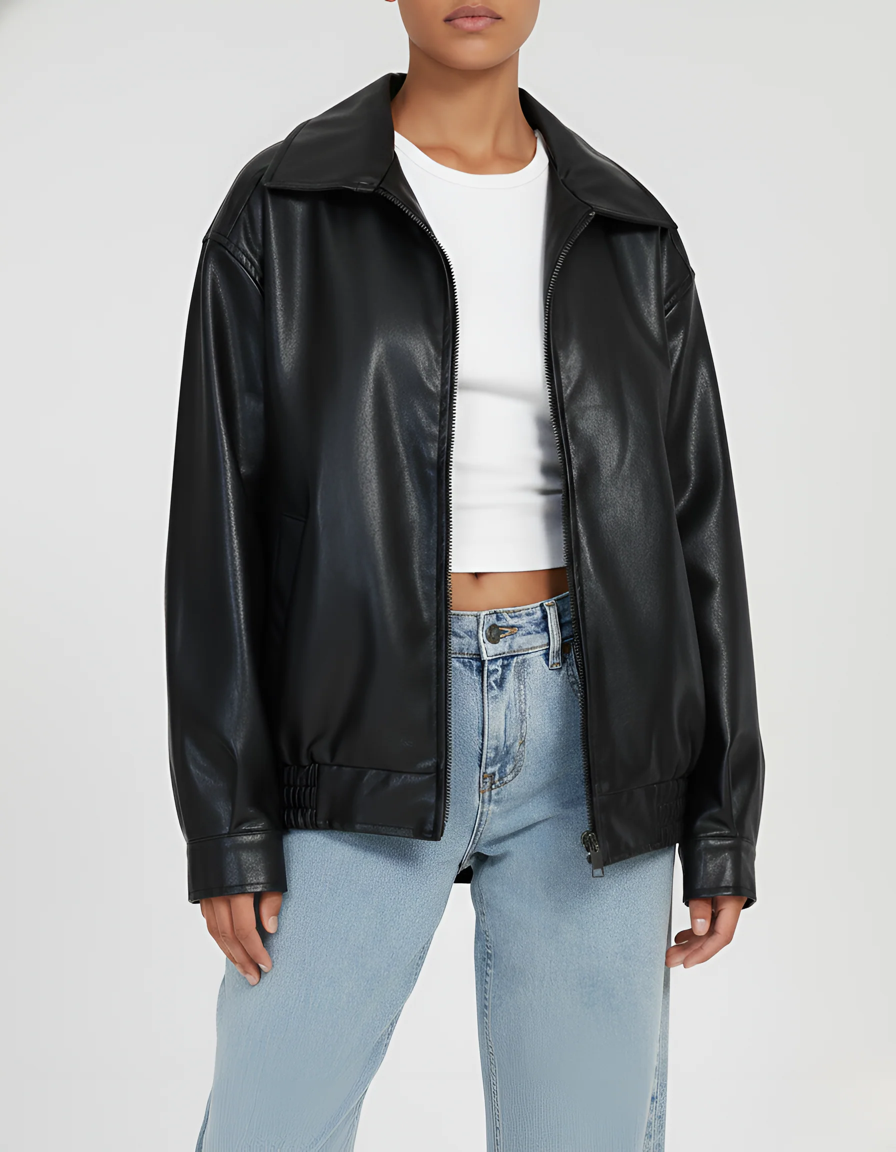 Giacca donna in pelle sintetica con zip, vestibilità oversize, stile casual urbano - Image 3