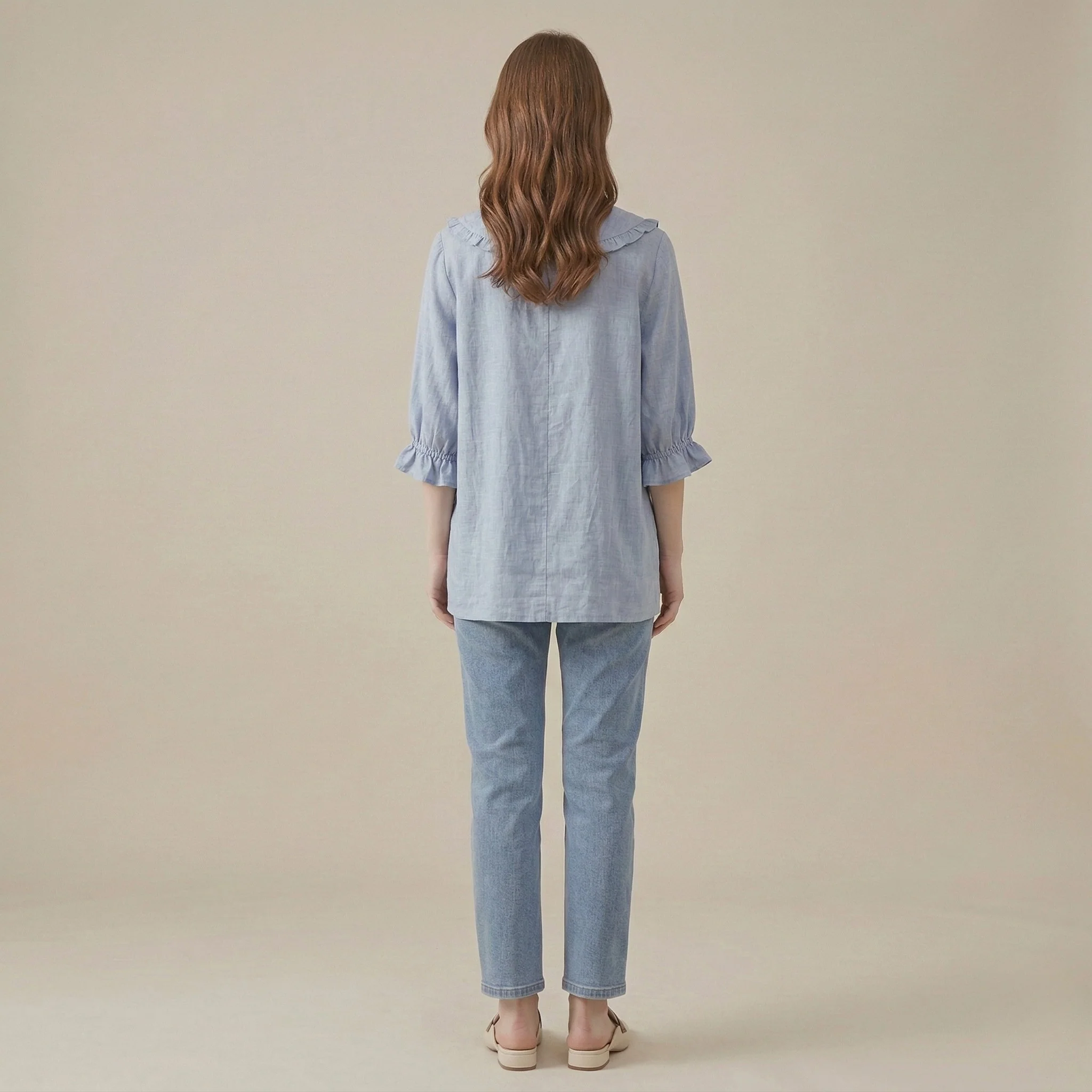 Camicia donna in cotone con colletto volant maniche 3/4 camicetta casual con bottoni - Image 3