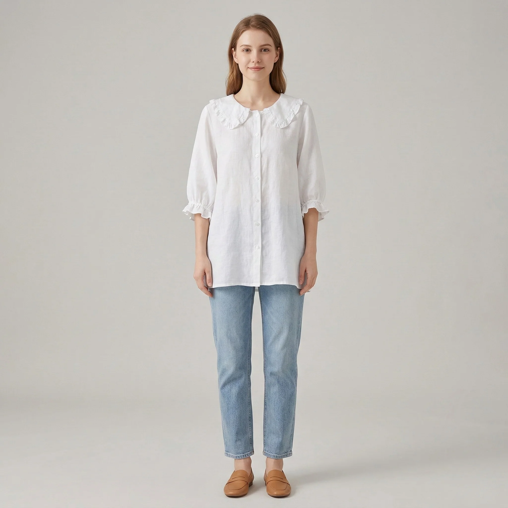 Camicia donna in cotone con colletto volant maniche 3/4 camicetta casual con bottoni - Image 4