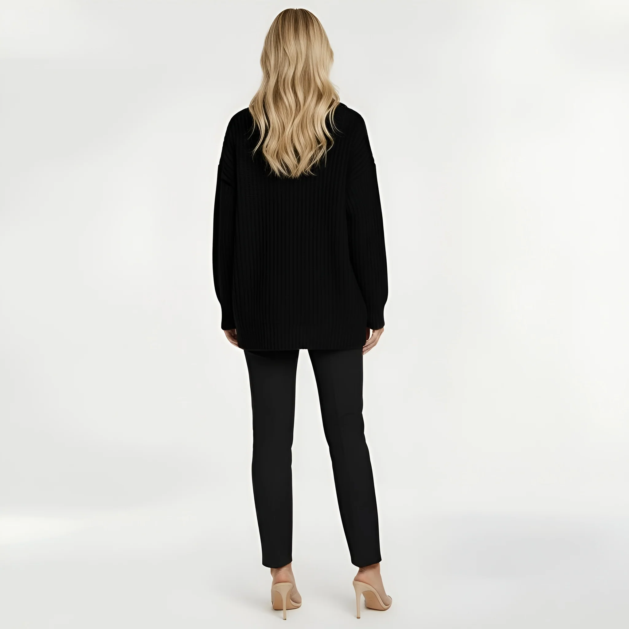 Maglione lungo donna con zip colletto alto maglia oversize casual a coste - Image 3