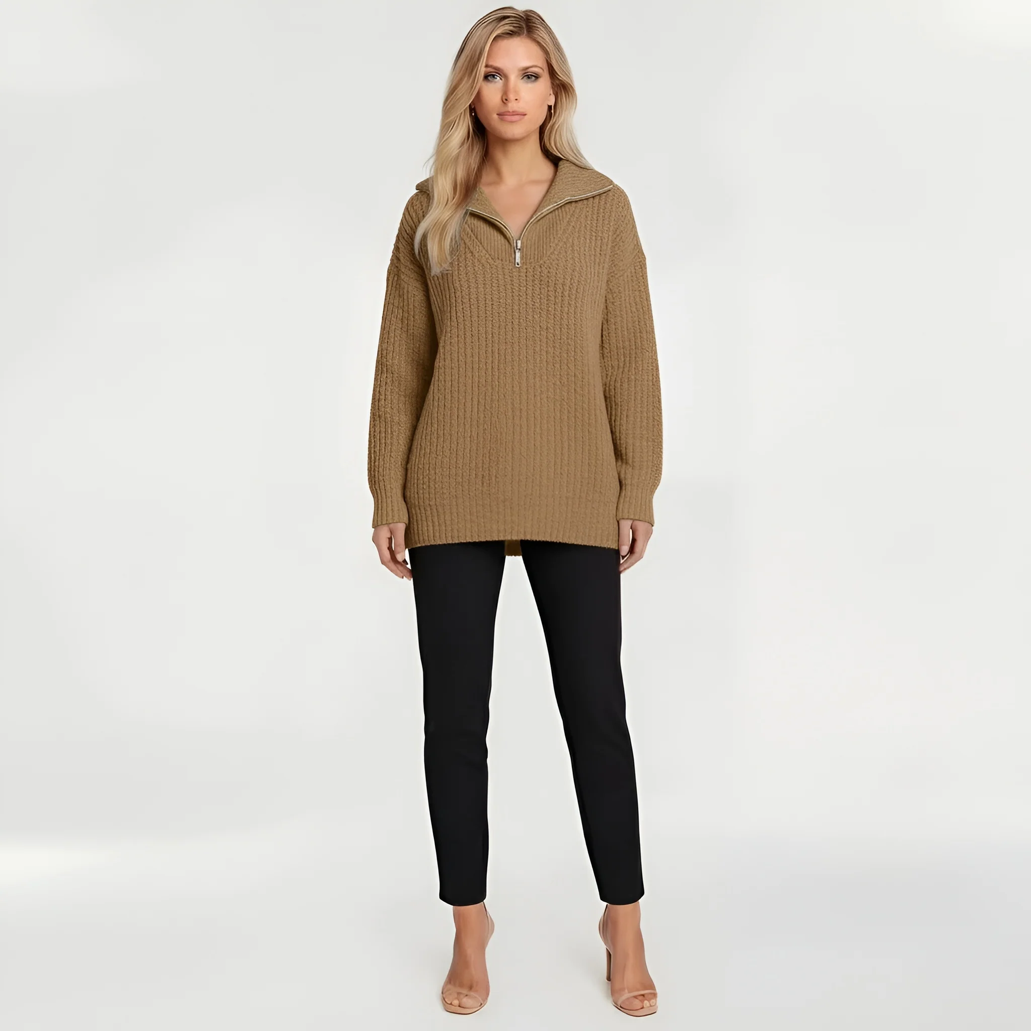 Maglione lungo donna con zip colletto alto maglia oversize casual a coste - Image 4
