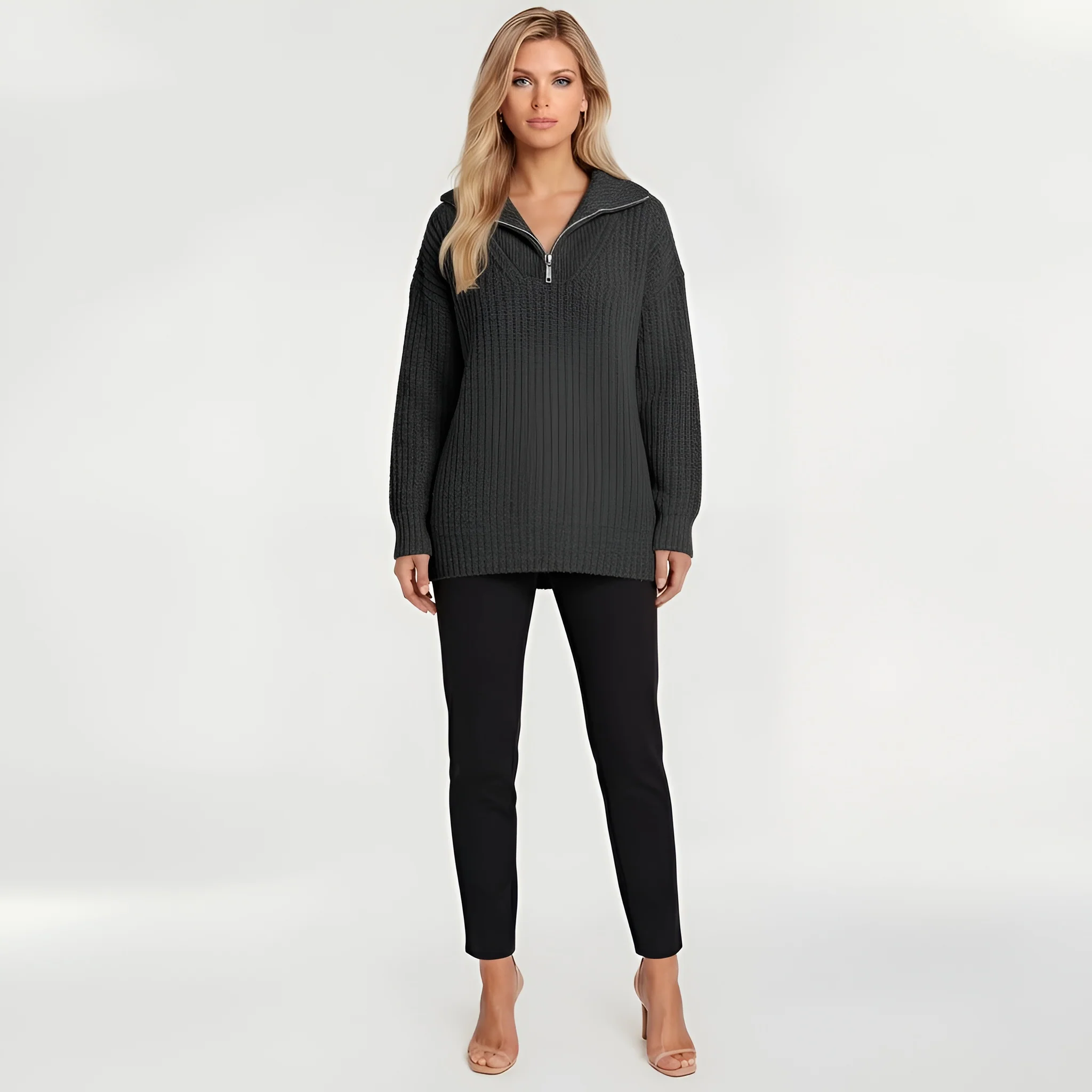 Maglione lungo donna con zip colletto alto maglia oversize casual a coste - Image 5