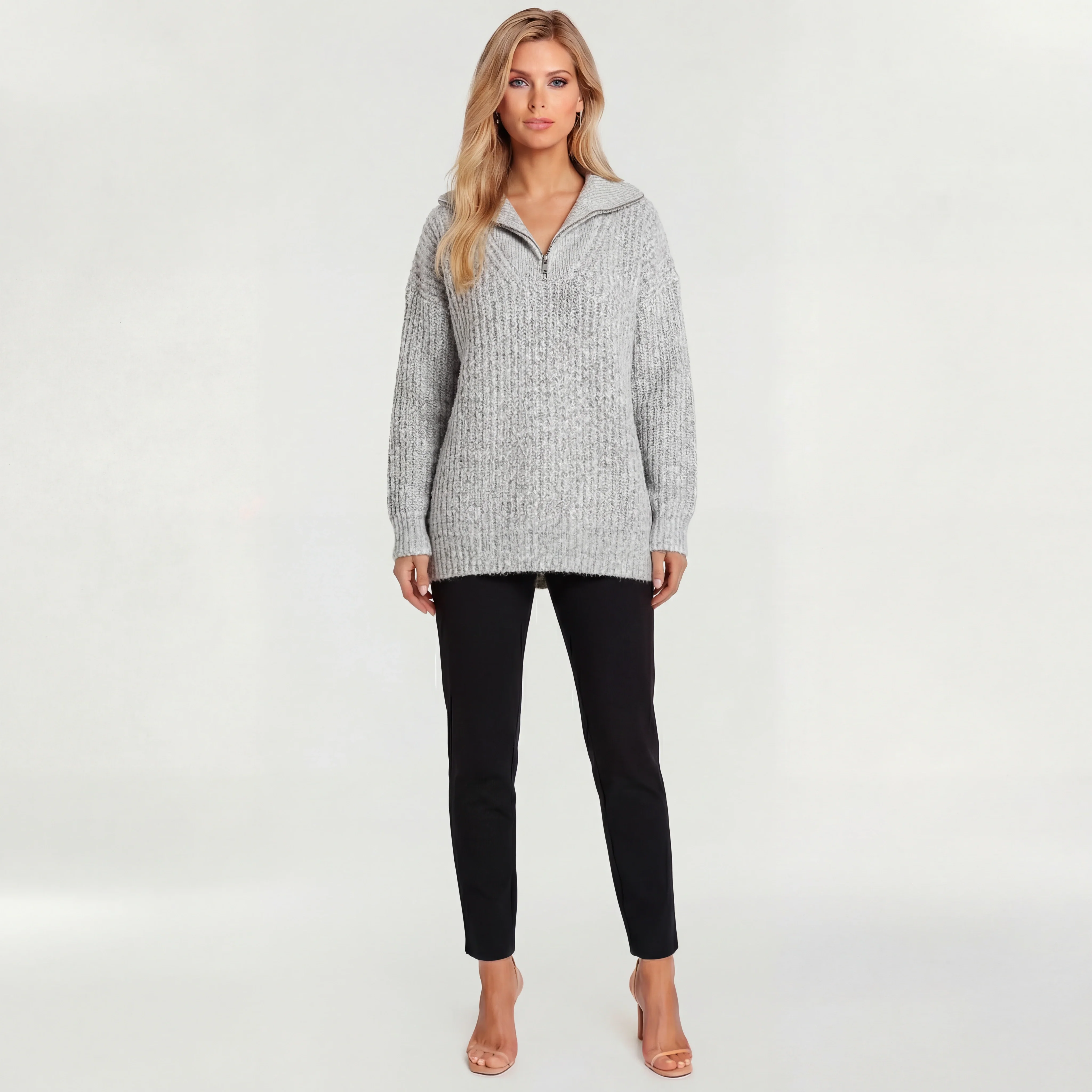 Maglione lungo donna con zip colletto alto maglia oversize casual a coste - Image 6