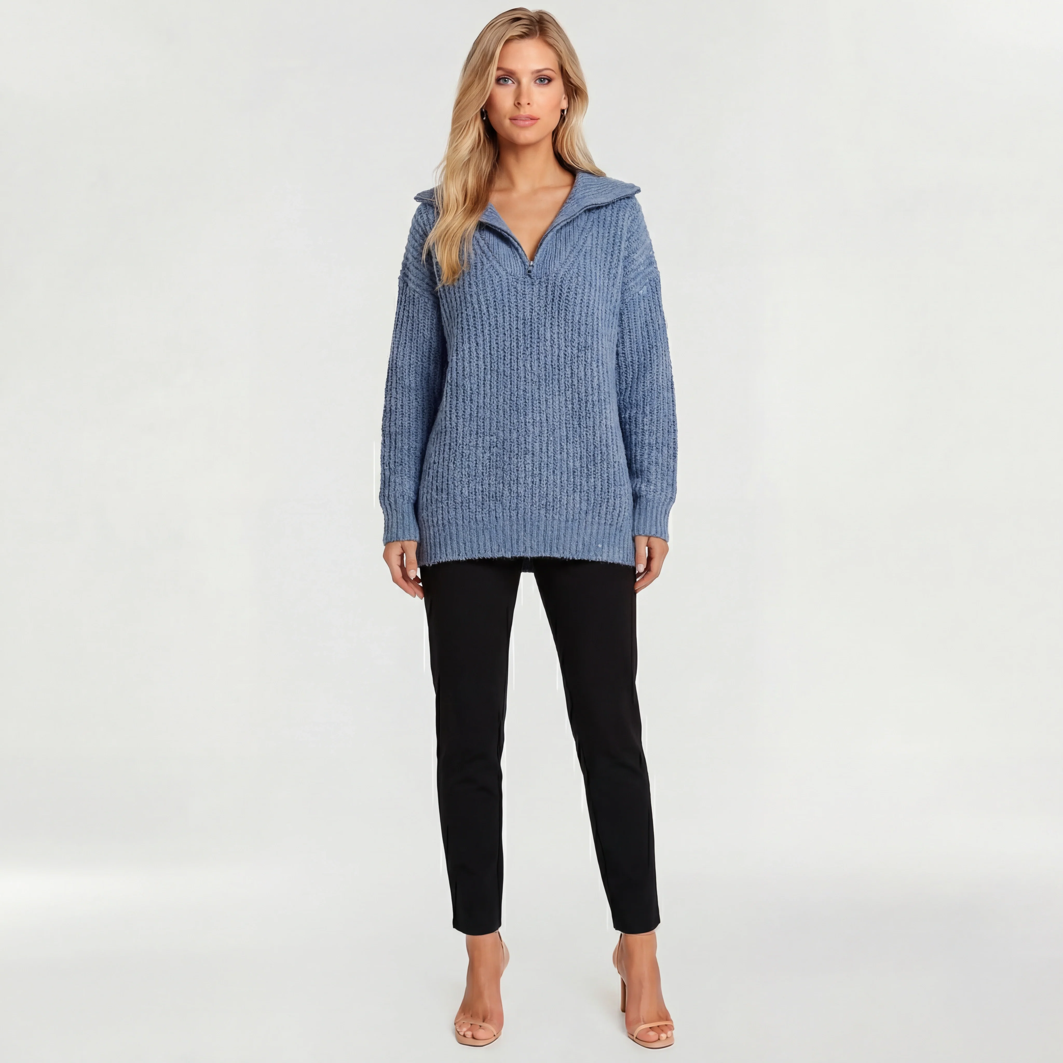 Maglione lungo donna con zip colletto alto maglia oversize casual a coste - Image 7