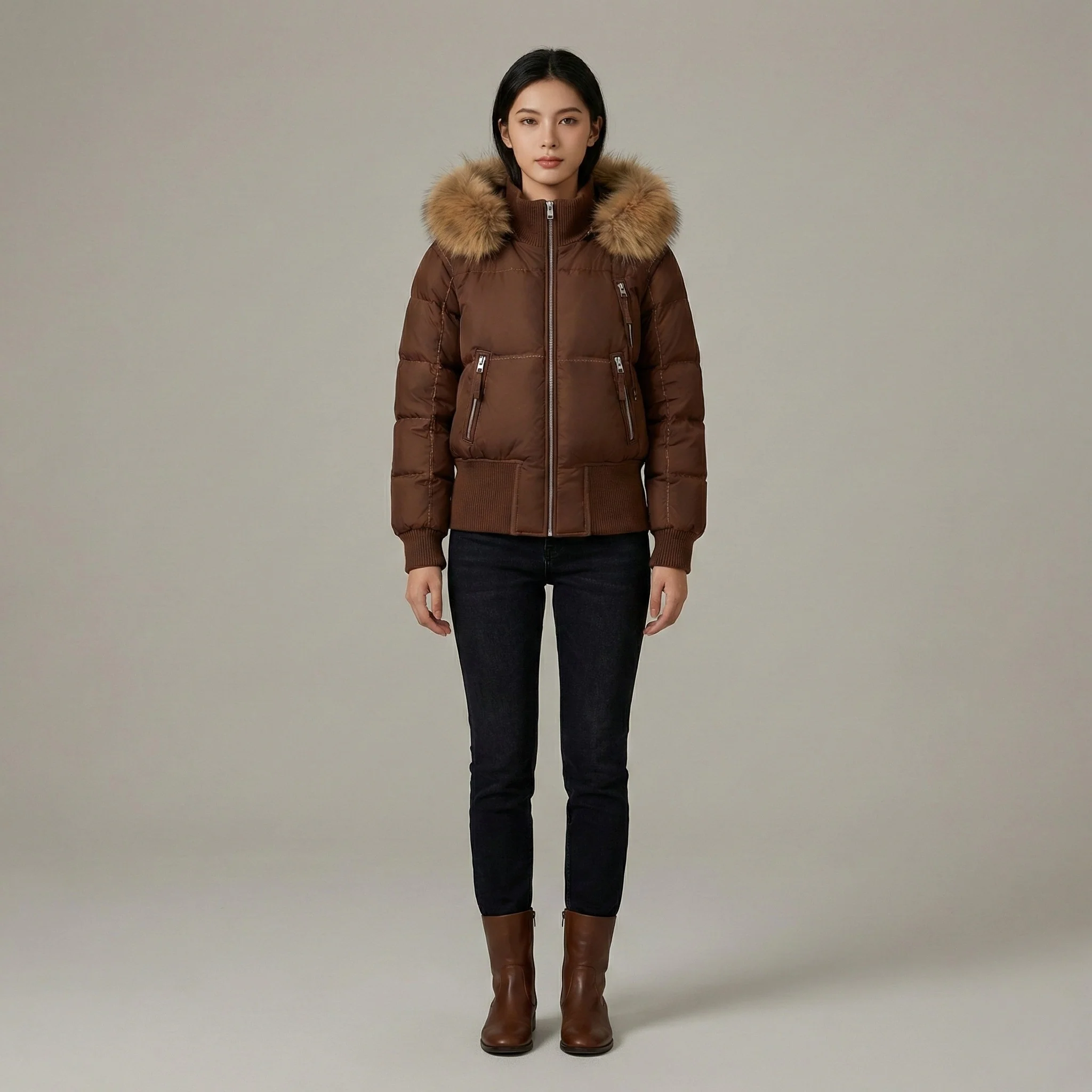 Piumino donna corto con cappuccio e bordo in ecopelliccia imbottito invernale - Image 5