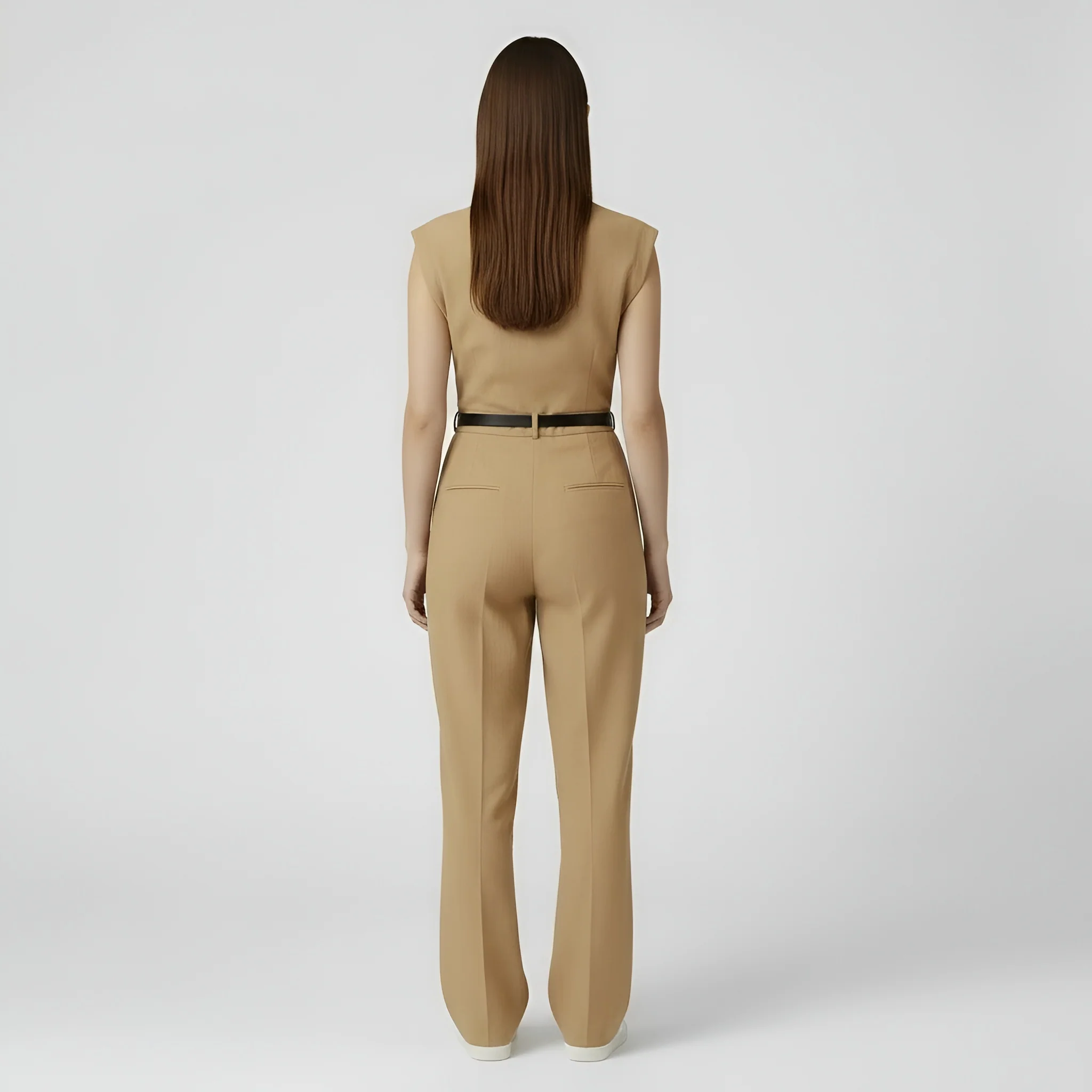 Tuta donna elegante pantalone lungo senza maniche jumpsuit casual ufficio cintura - Image 3