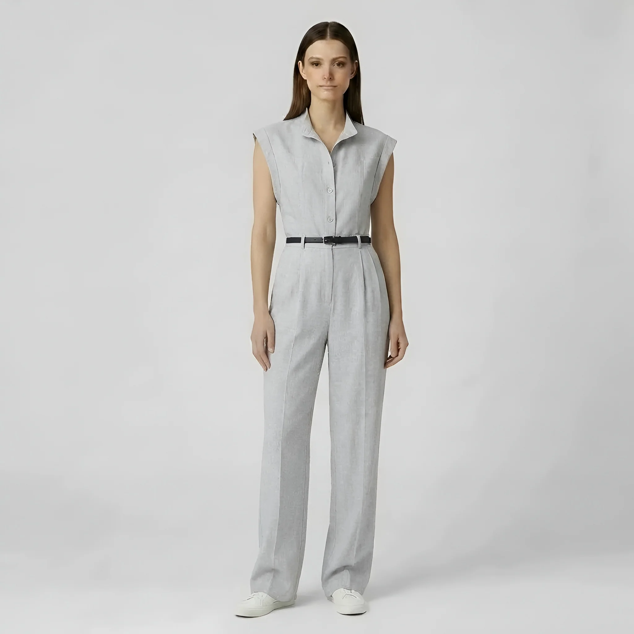 Tuta donna elegante pantalone lungo senza maniche jumpsuit casual ufficio cintura - Image 4