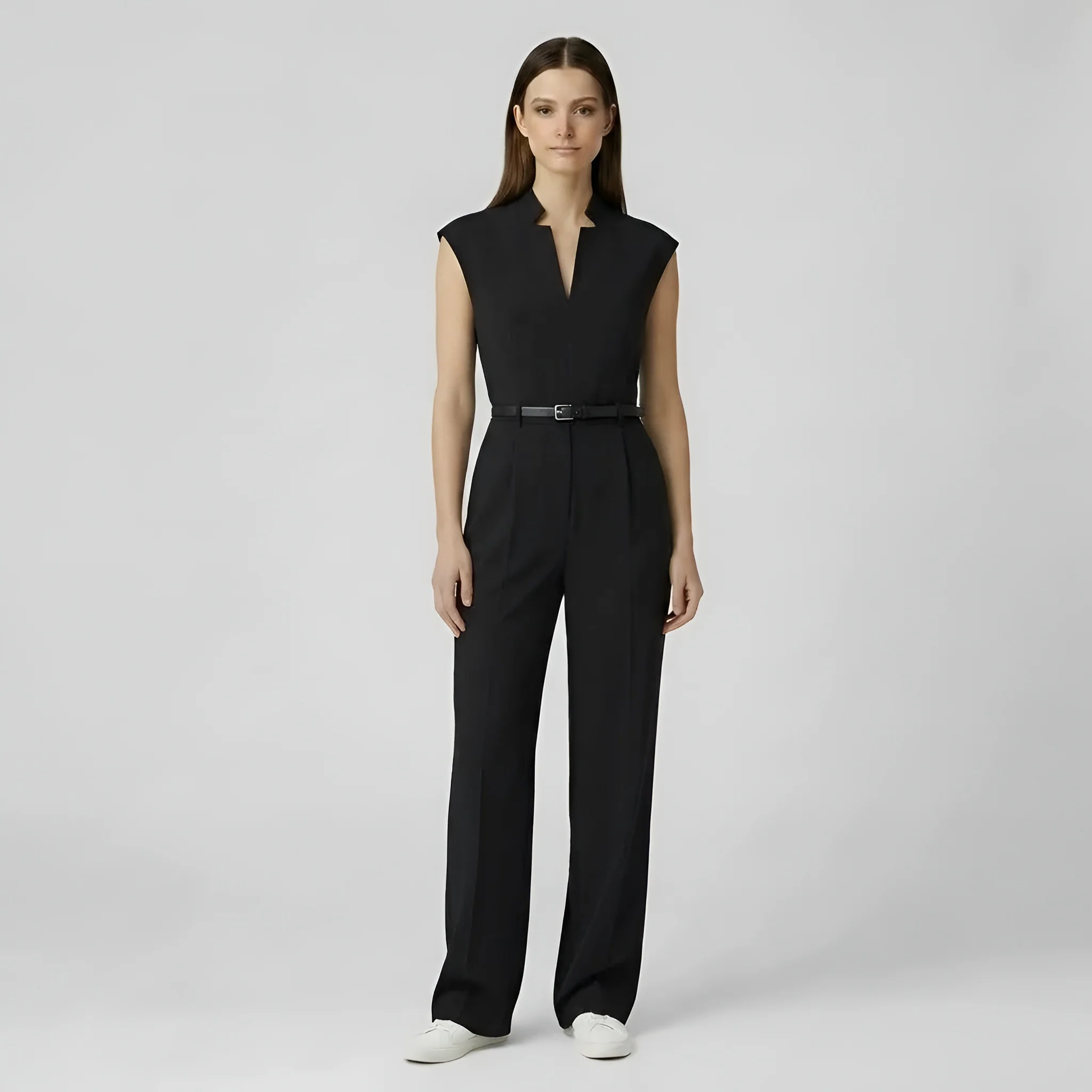 Tuta donna elegante pantalone lungo senza maniche jumpsuit casual ufficio cintura - Image 5