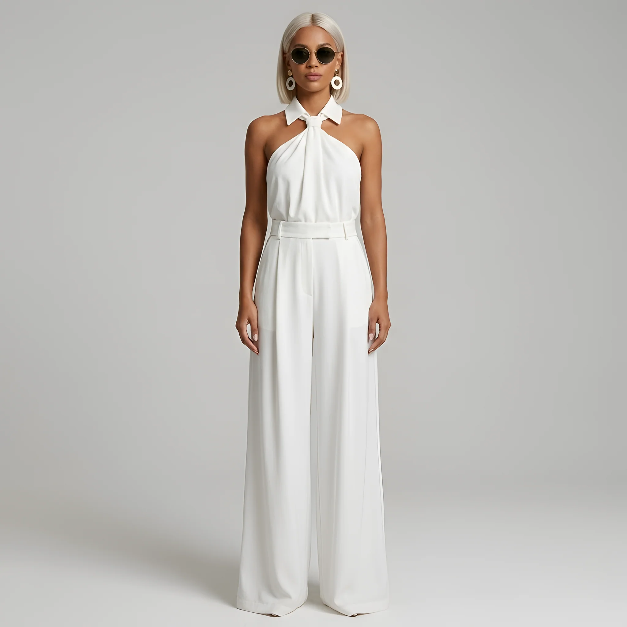 Tuta Elegante Donna con Pantaloni Palazzo e Top Halter Collo Alto - Image 4