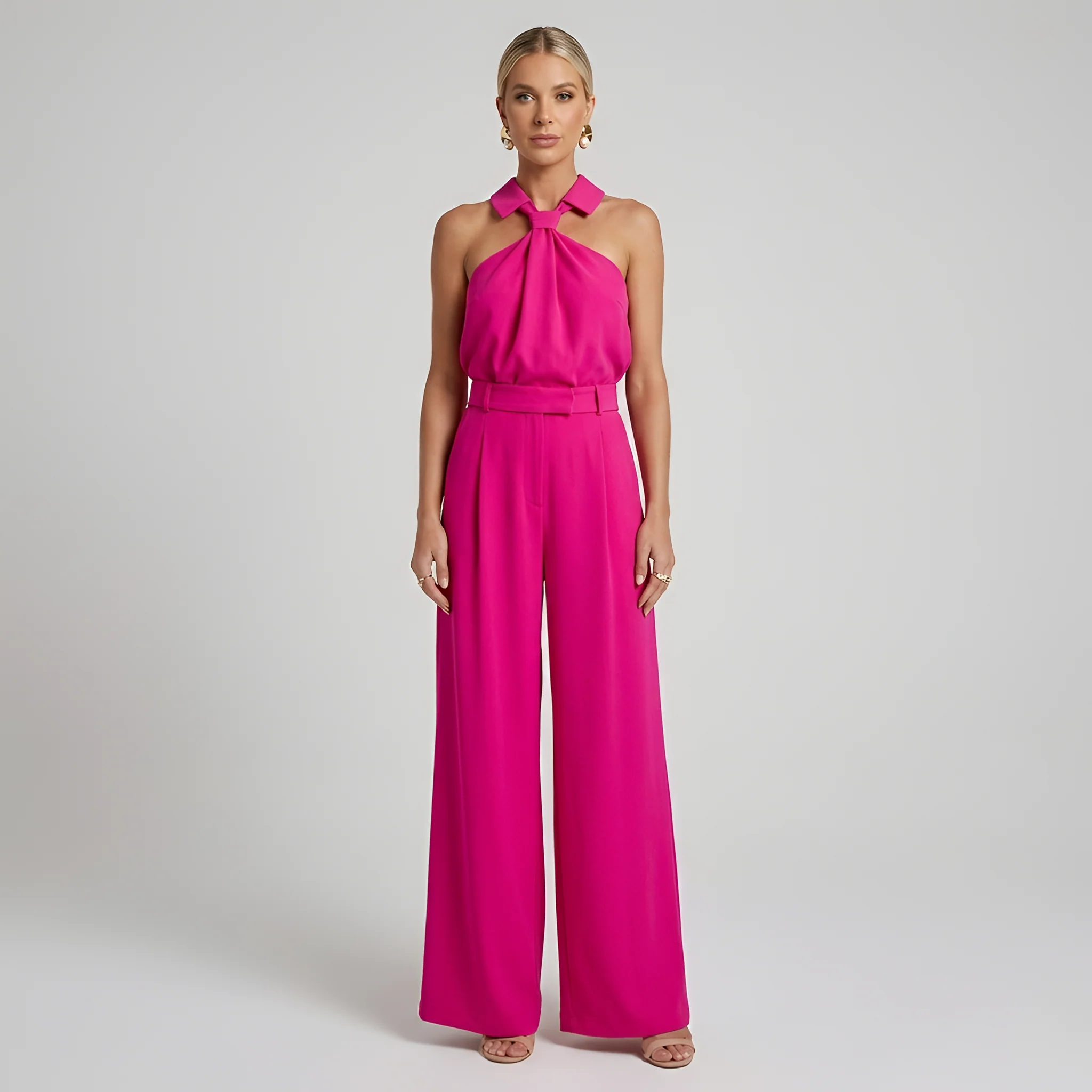 Tuta Elegante Donna con Pantaloni Palazzo e Top Halter Collo Alto - Image 5
