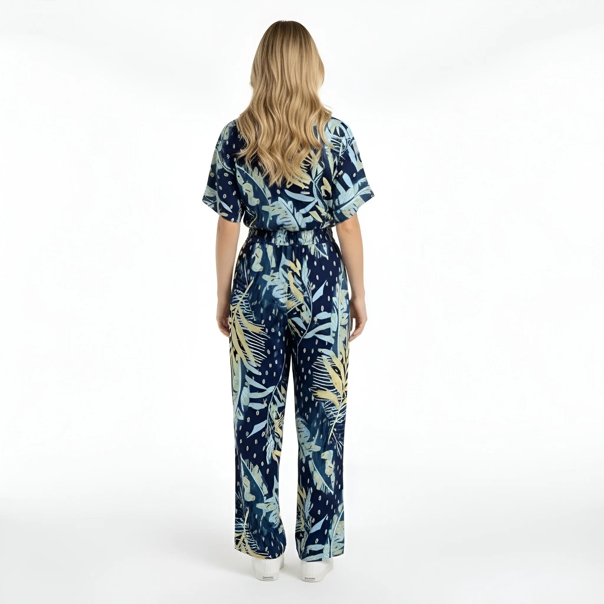 Tuta lunga donna con stampa foglie scollo V manica corta jumpsuit casual estiva - Image 3