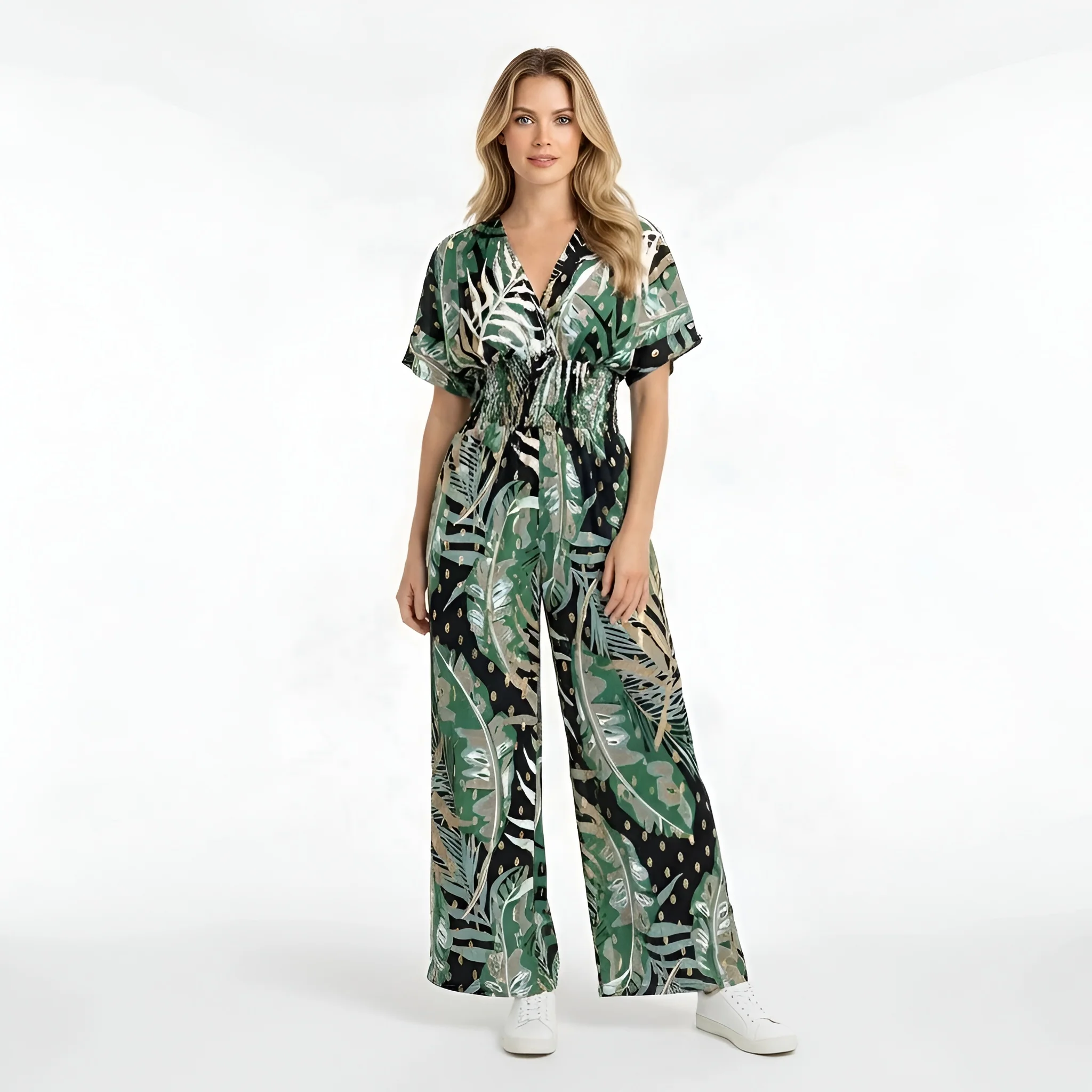Tuta lunga donna con stampa foglie scollo V manica corta jumpsuit casual estiva - Image 4