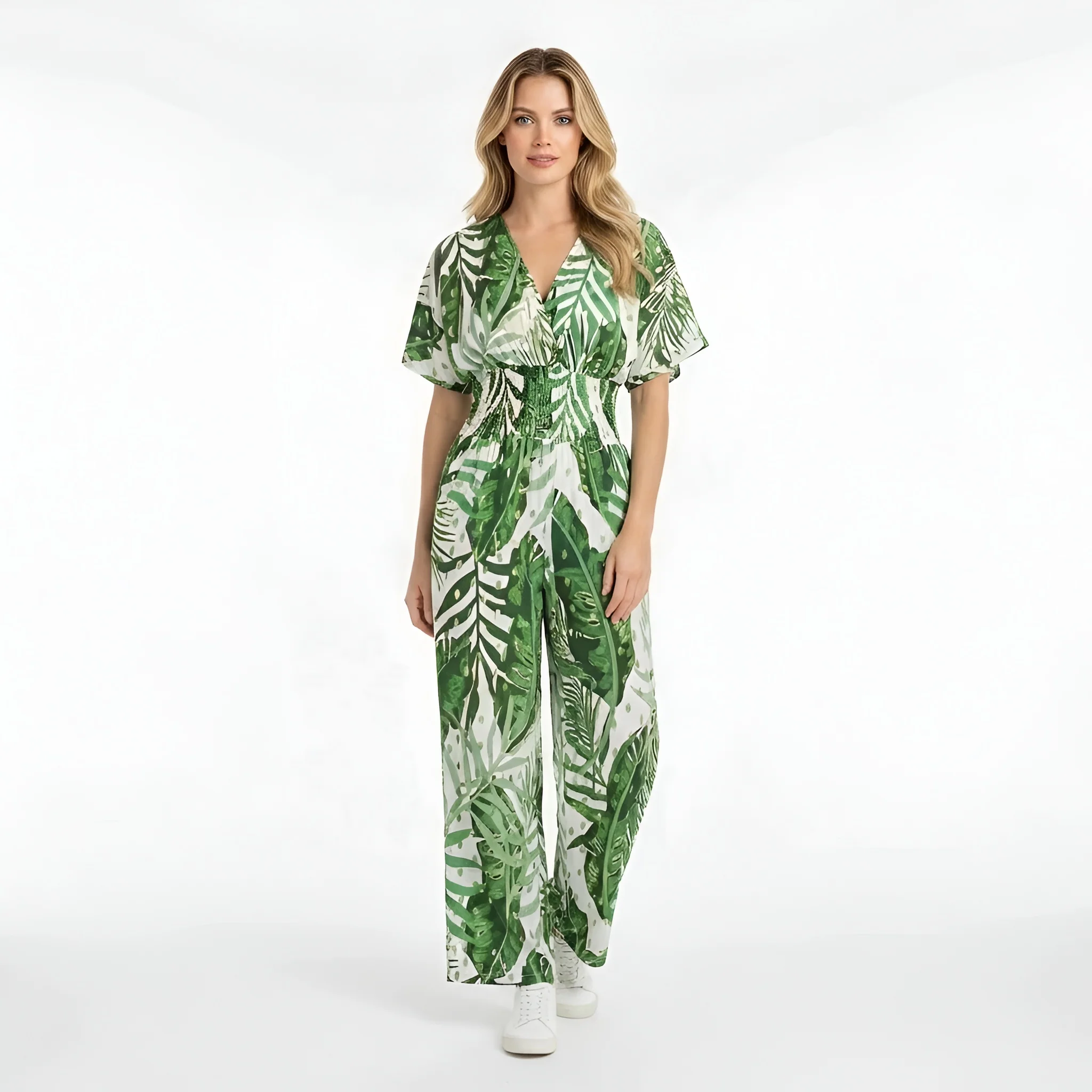 Tuta lunga donna con stampa foglie scollo V manica corta jumpsuit casual estiva - Image 5